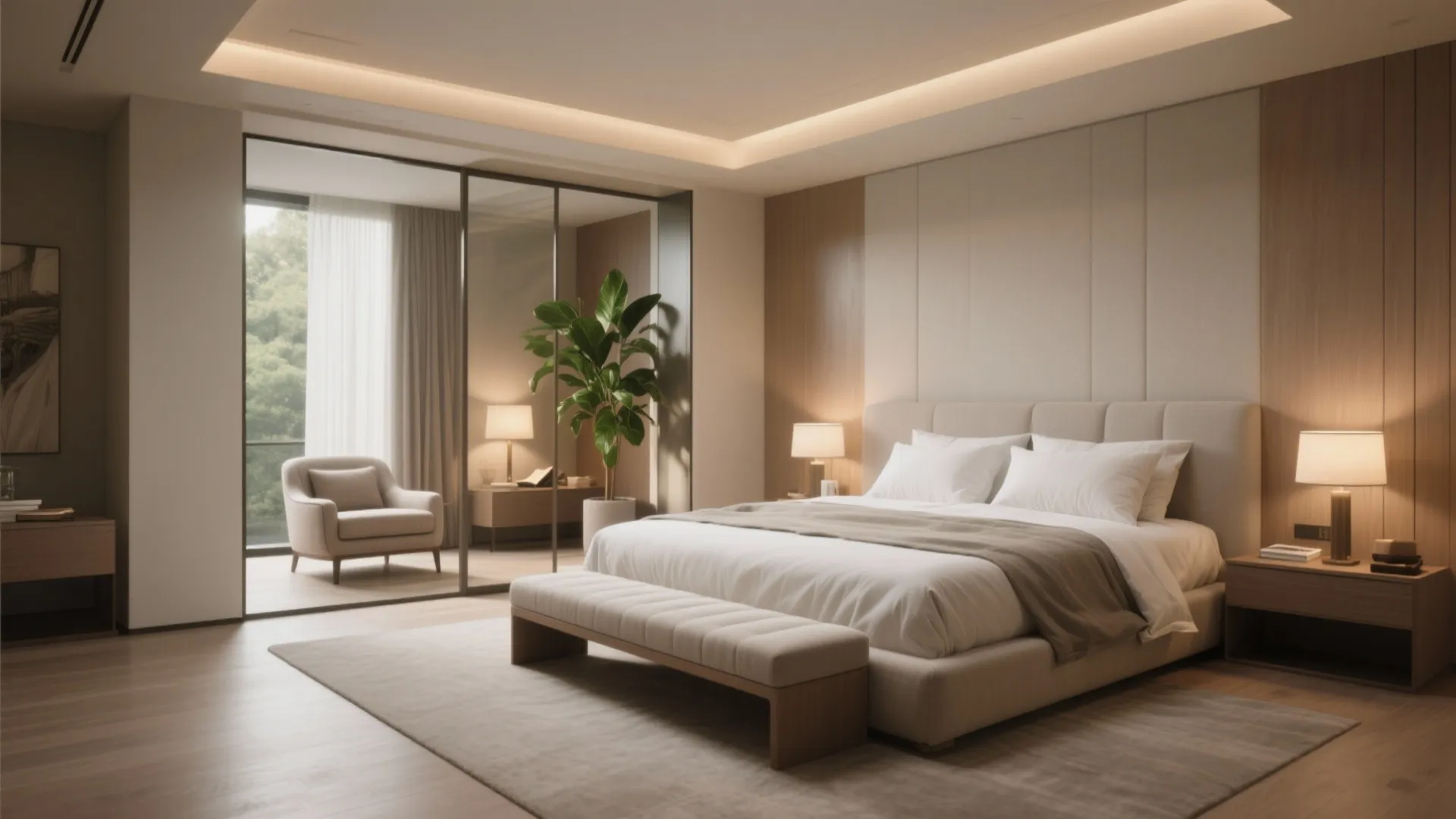 Modern bedroom with large bed white pillows footrest wooden wall panels light fixtures and plant