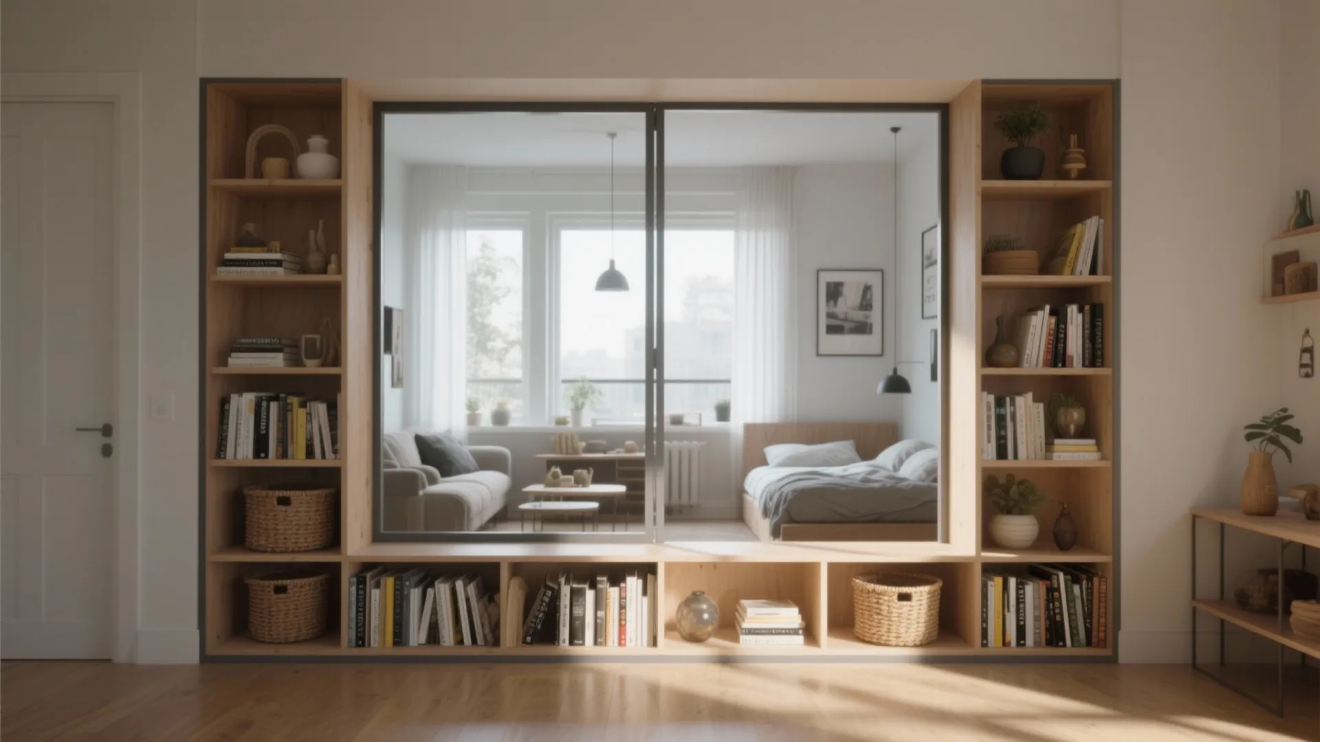 Large wooden bookshelf divider with books and baskets framing a view into a bright bedroom