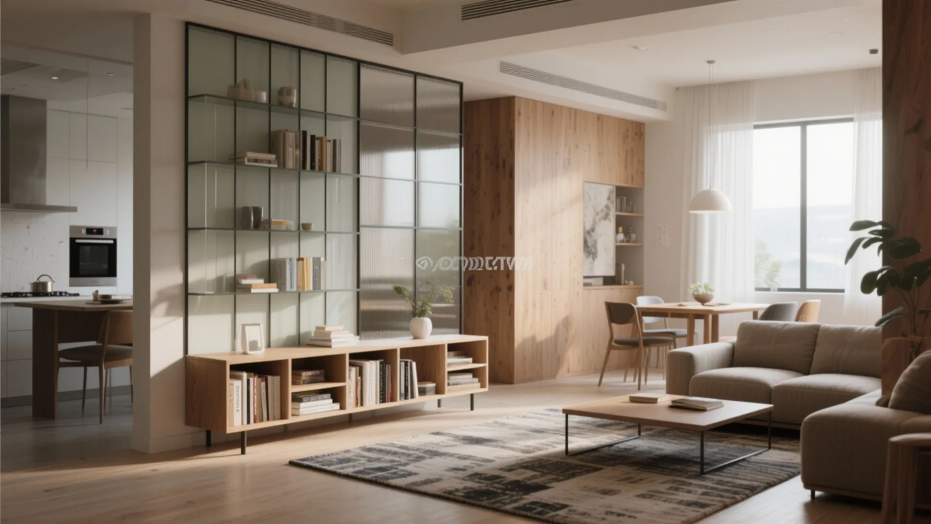 Low storage divider with glass bookshelf separating living and kitchen, showing daylight and soft furnishings.