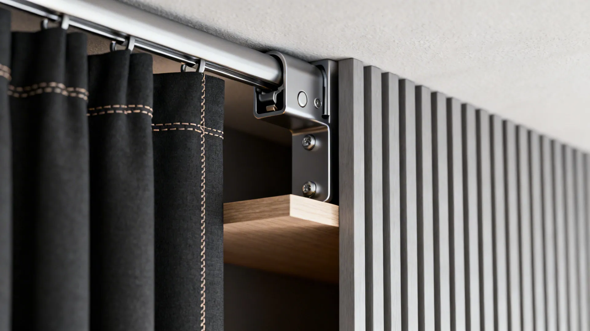 Close up of a metal curtain rail attached to a wooden shelf and grey wall panel