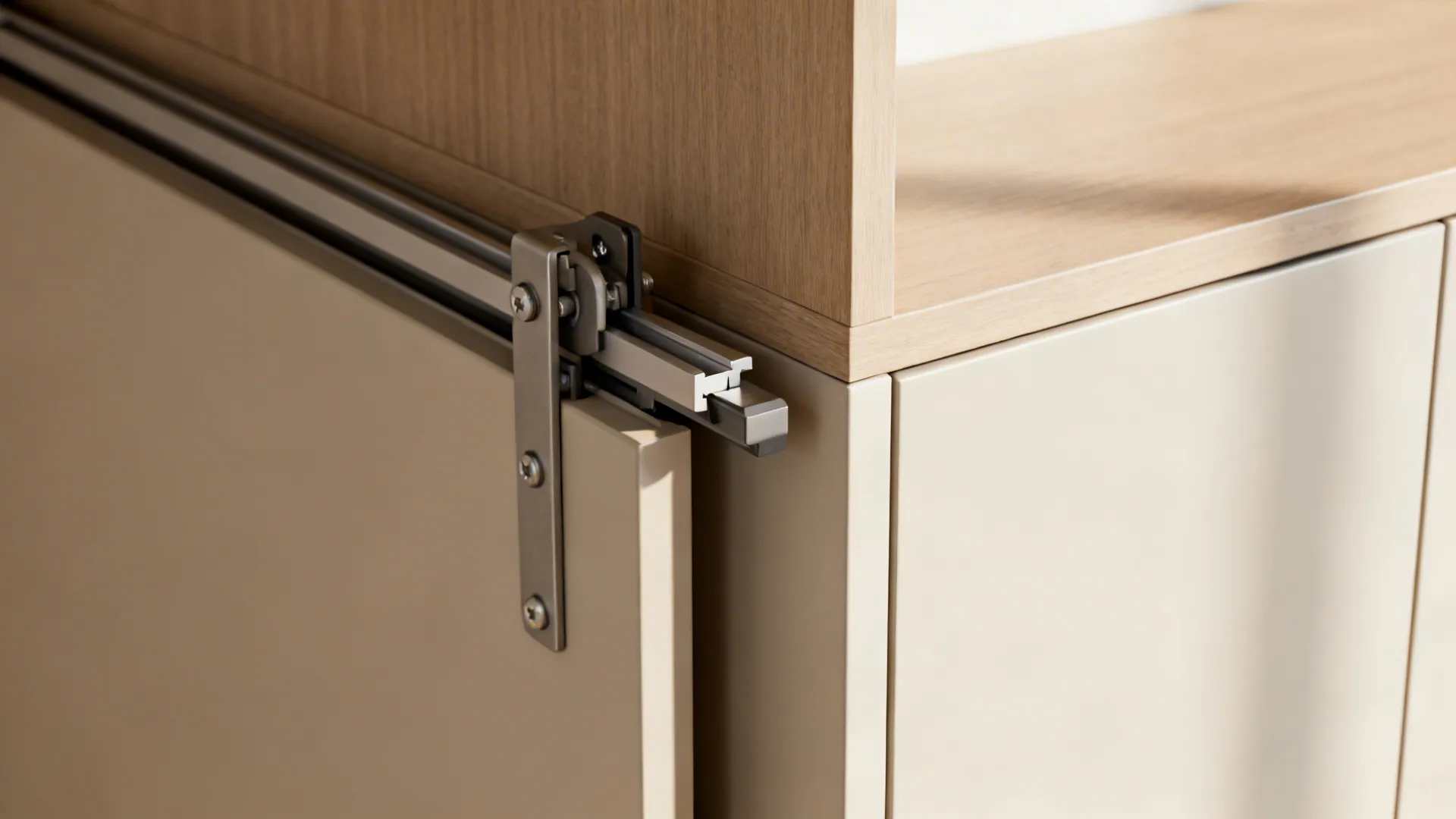Close-up of sliding track hardware, half-wall corner and closed cabinet storage details for apartment dividers.