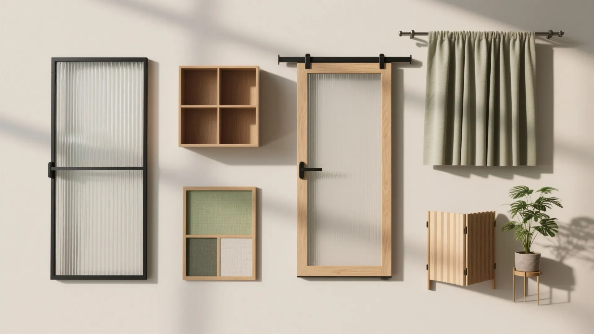 Selection of interior design elements including glass doors wooden shelves green curtains and a potted plant