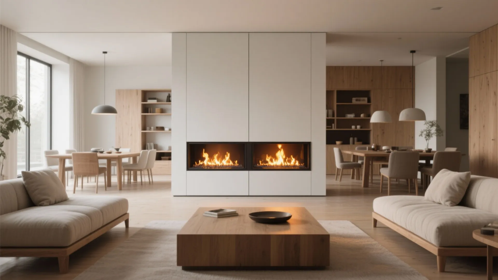 Modern open plan living room with double sided fireplace used as a white wall divider