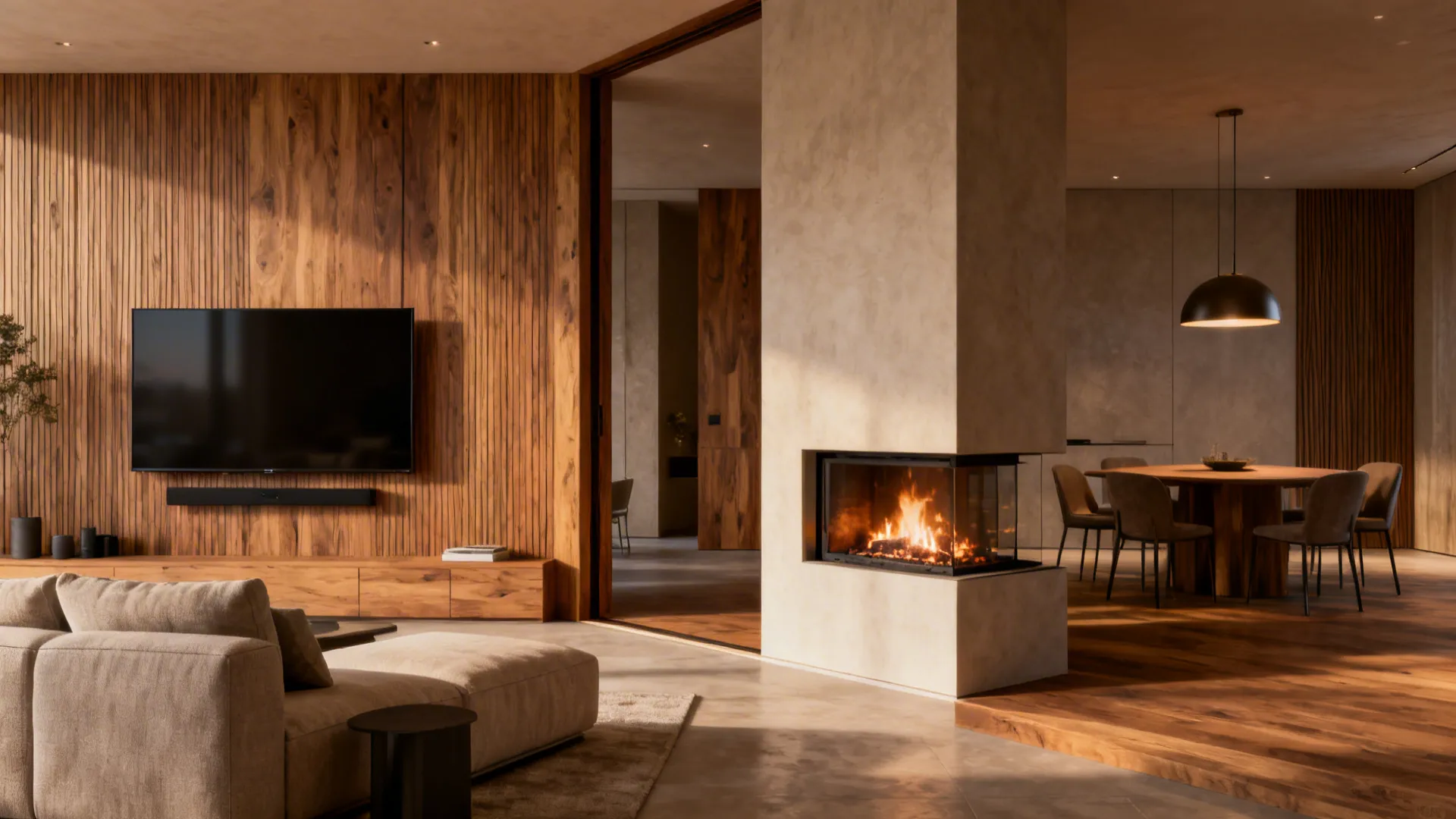 Double-sided fireplace dividing living and dining zones with TV on the living side.
