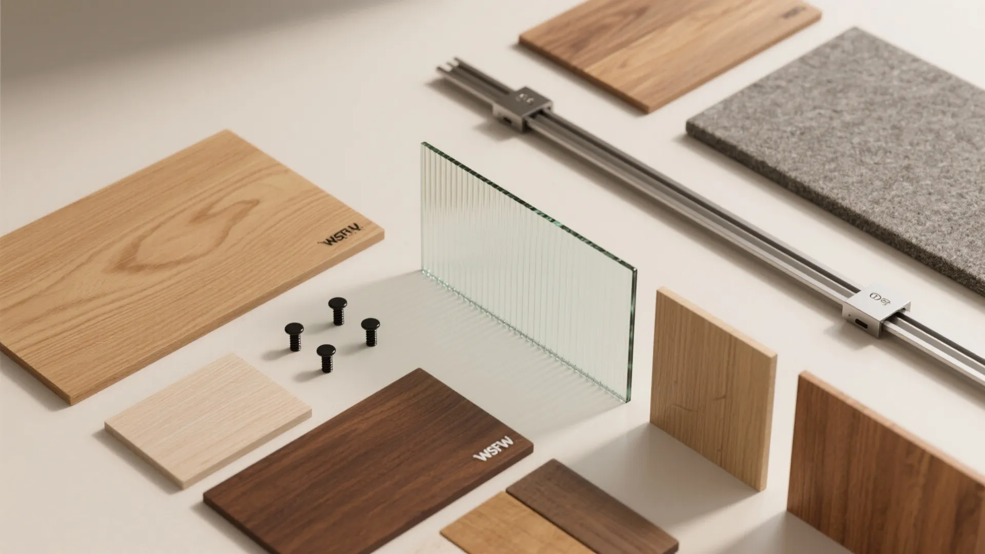 Interior design materials including wood samples glass pieces metal rails and small black screws displayed