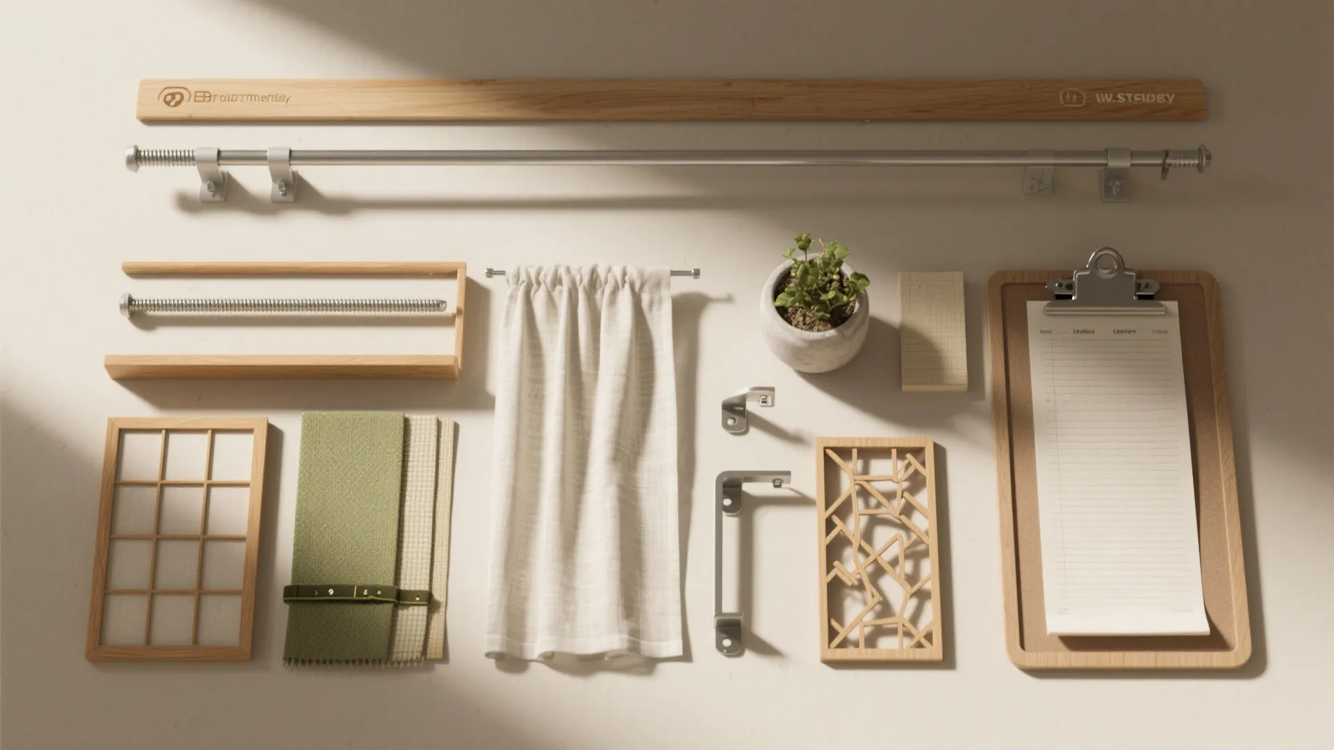 Interior design materials including wood samples green fabric white curtain small plant and metal wall hooks