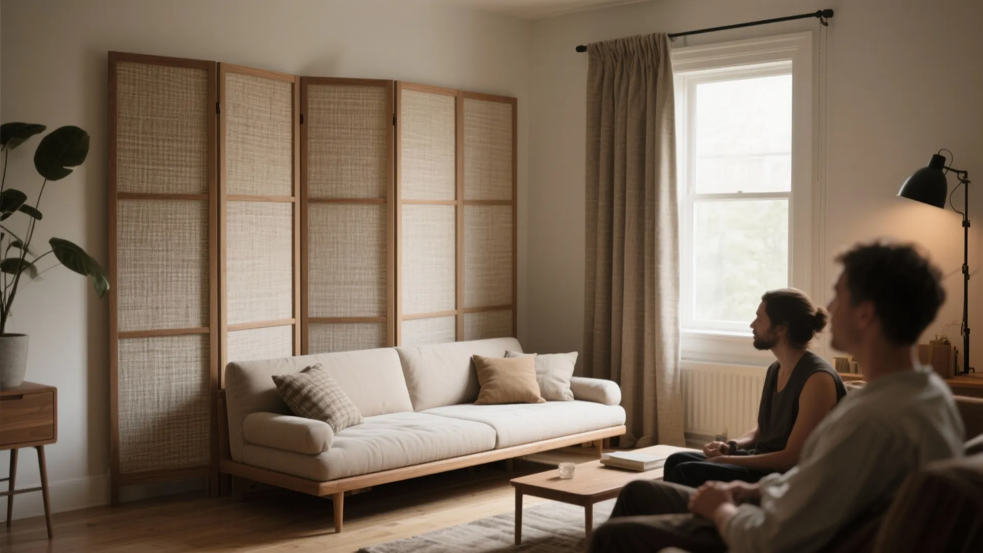 Living room featuring a folding screen divider cream sofa wooden coffee table and soft beige curtains