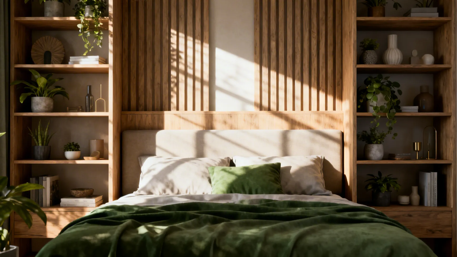 Open shelving divider functioning as a headboard between living and sleeping zones