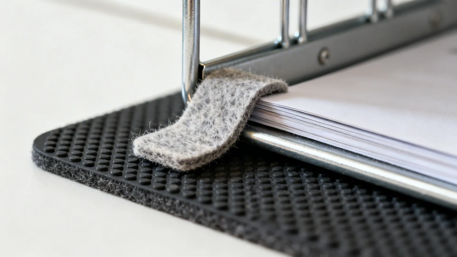 Macro of a metal file divider with felt tab and anti-slip mat inside a cabinet.