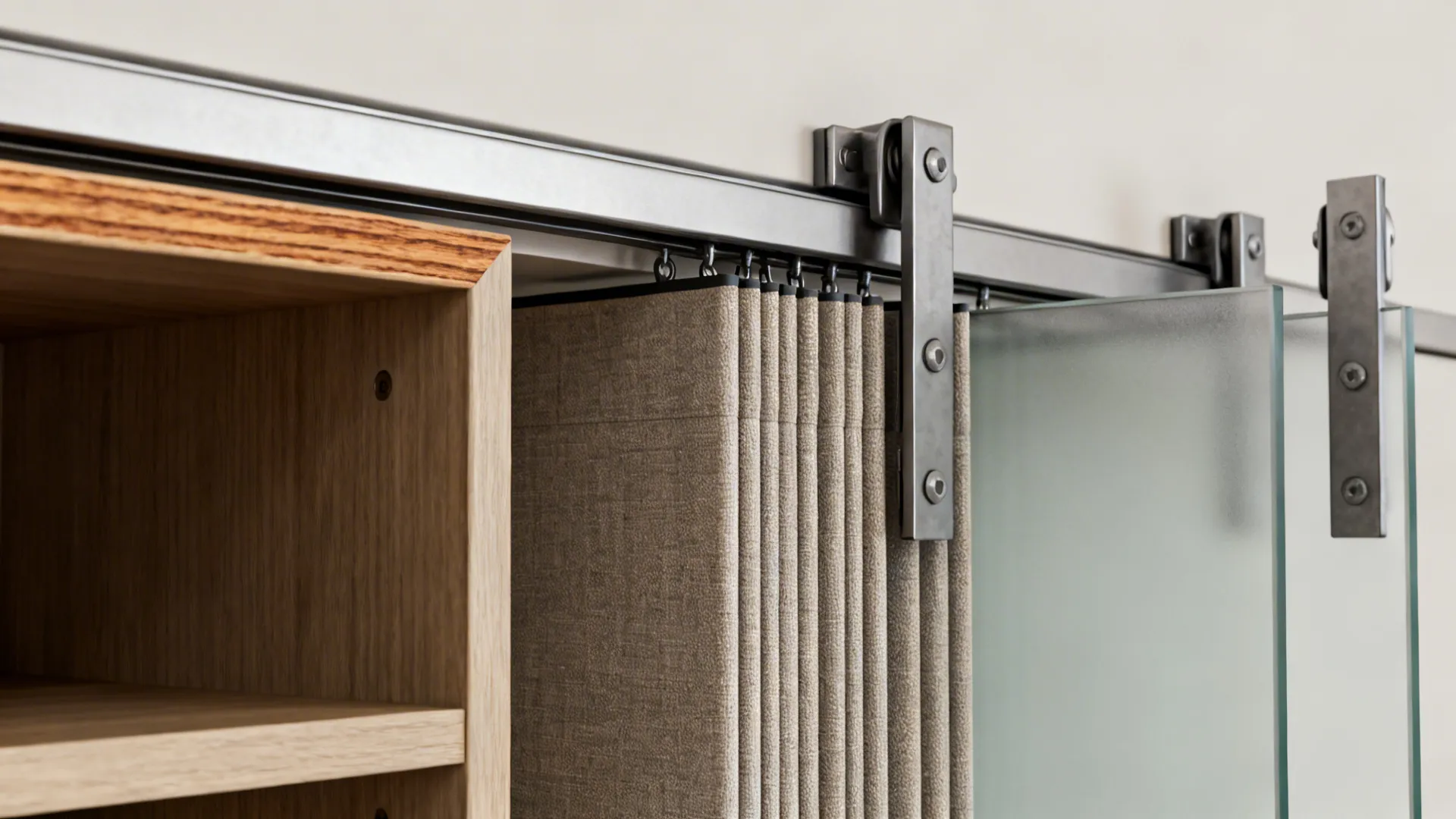 Close-up details of materials and hardware for room dividers: wood, metal track, fabric, and frosted glass.