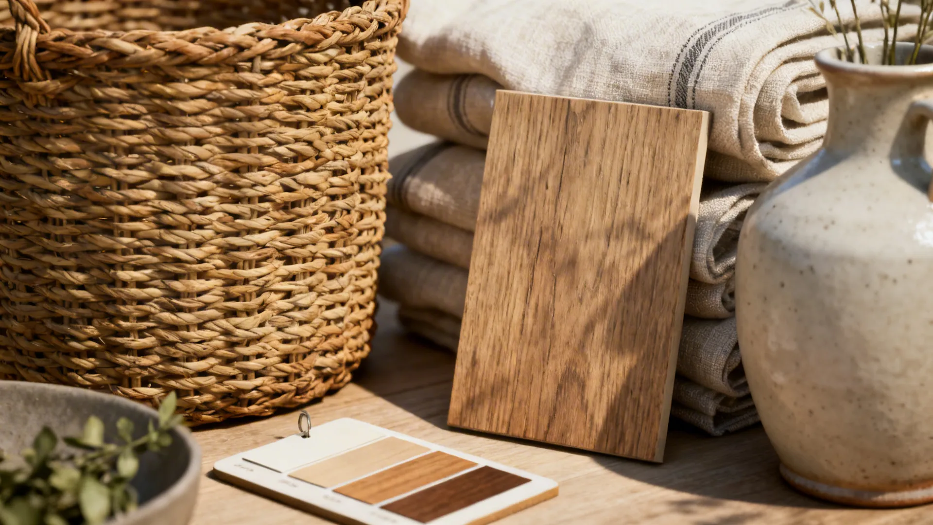 Close-up of woven baskets, pottery, and wood finish samples for farmhouse dividers.