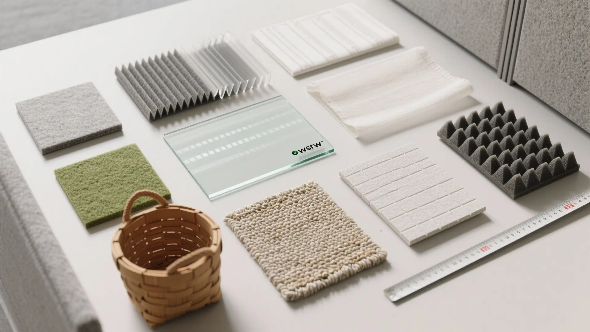 Collection of interior design material samples including fabric carpet glass wood and various sound absorbing panels