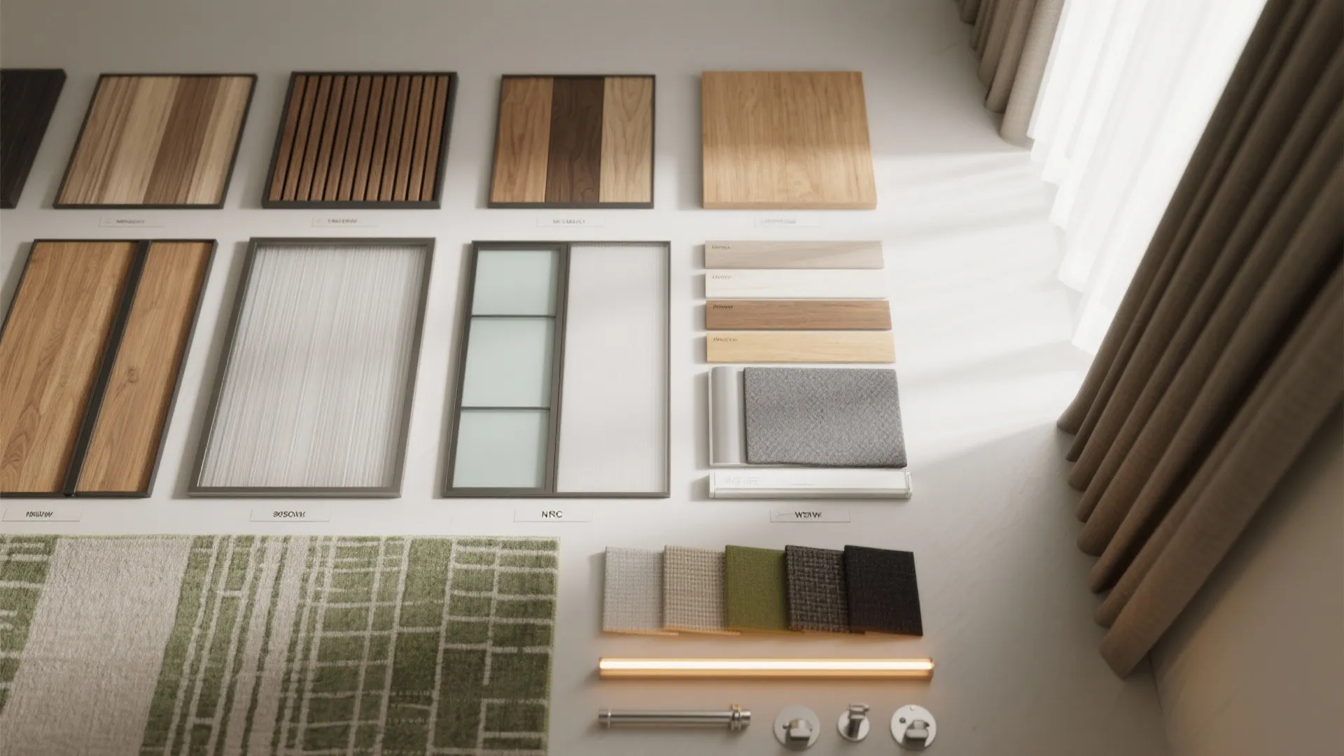 Interior design material board showing wood samples fabric swatches glass panels and light fixture parts