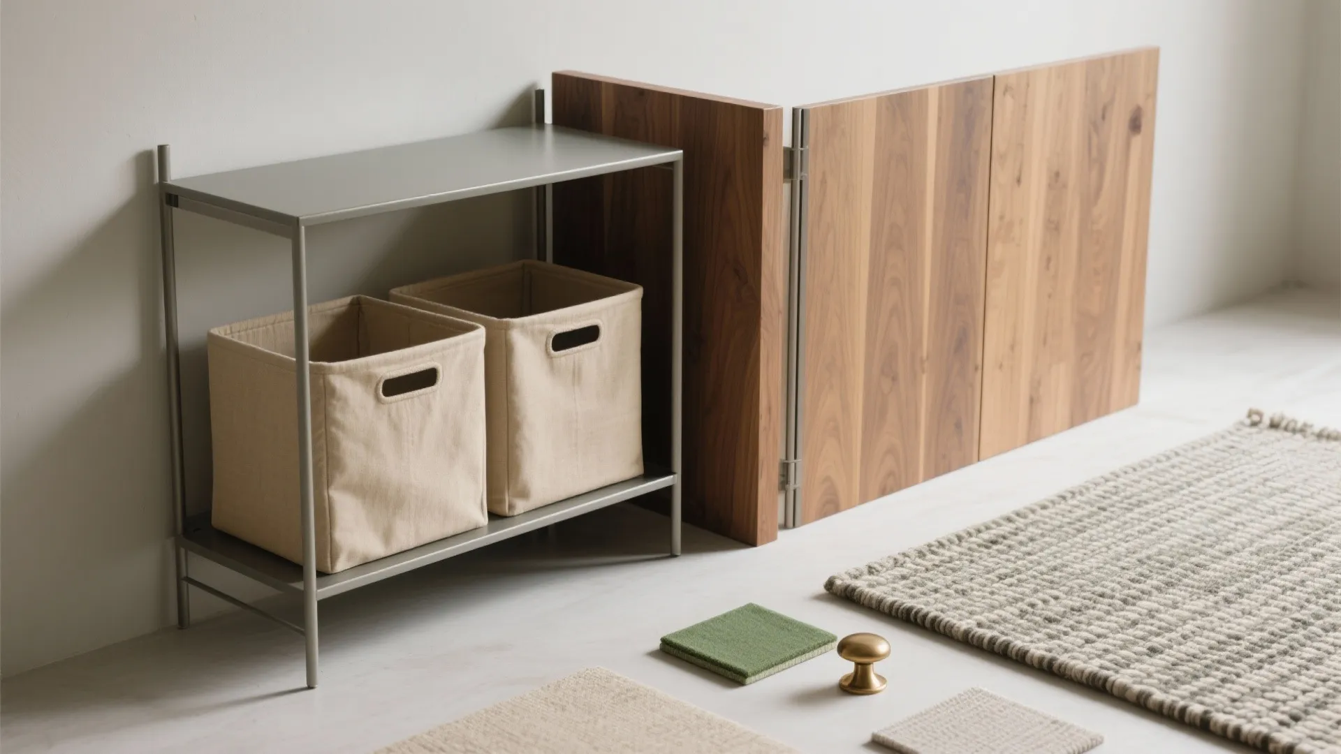 Interior design materials including wood wall panel metal shelf storage bins and various fabric samples