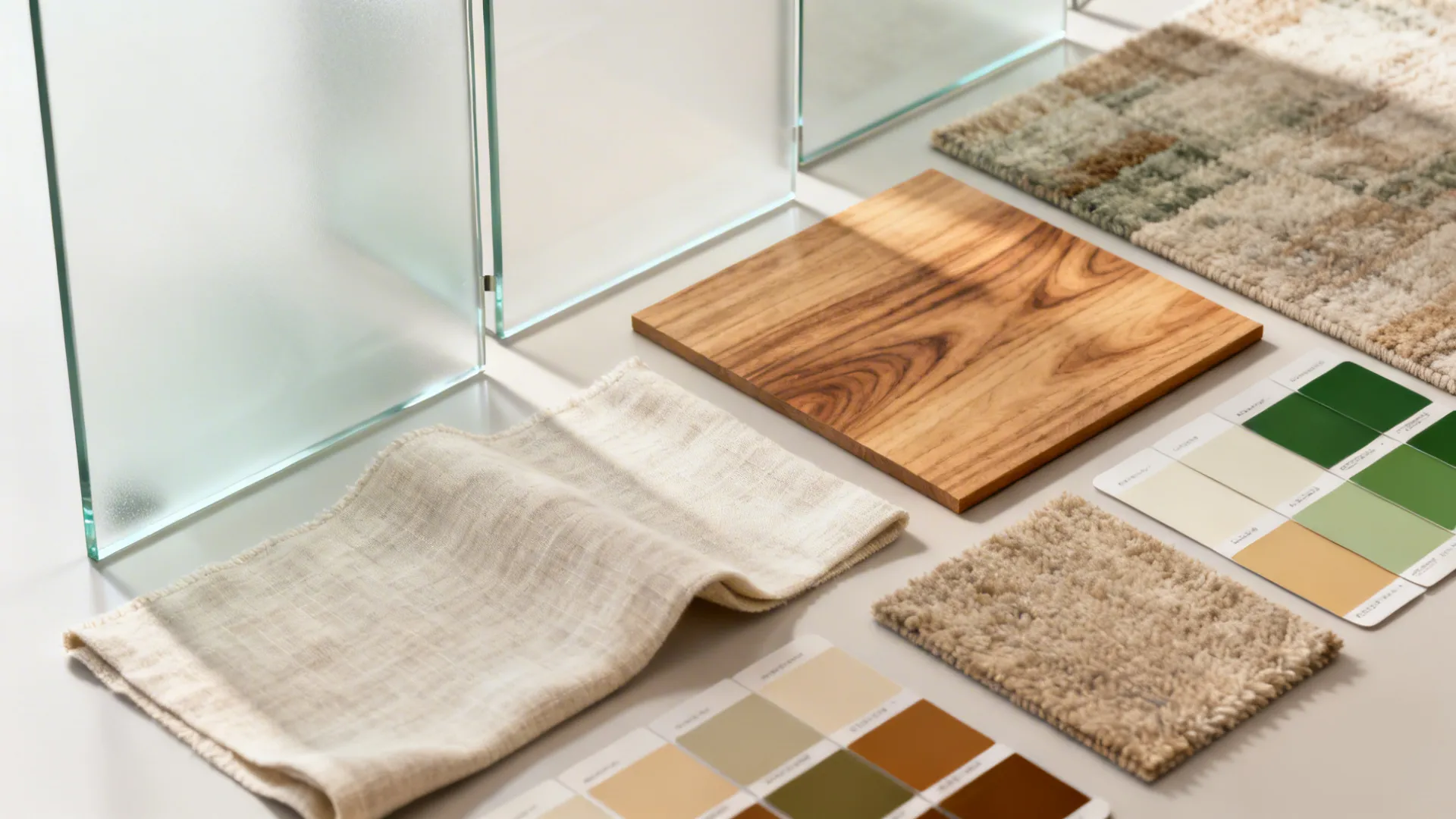 Interior design materials featuring wood board fabric swatches carpet samples color cards and frosted glass