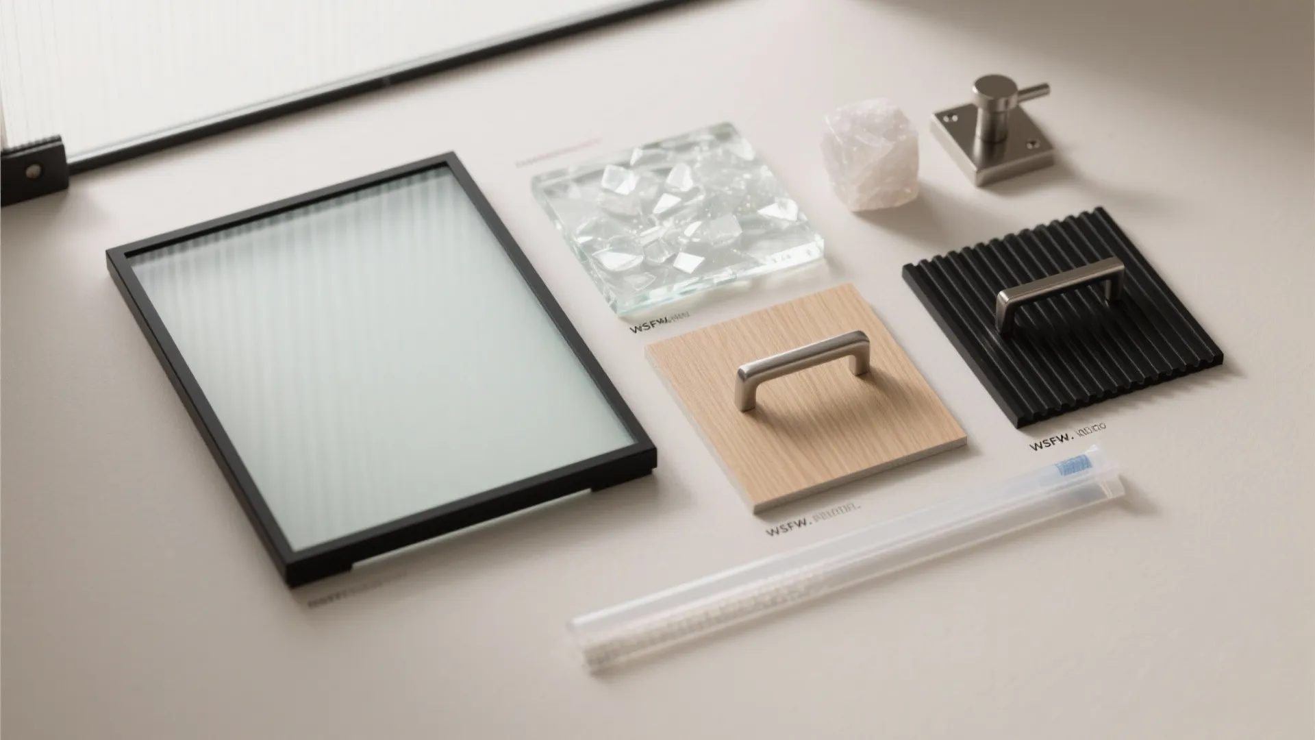 Interior design material board with glass samples wood panels black textured boards and silver cabinet handles
