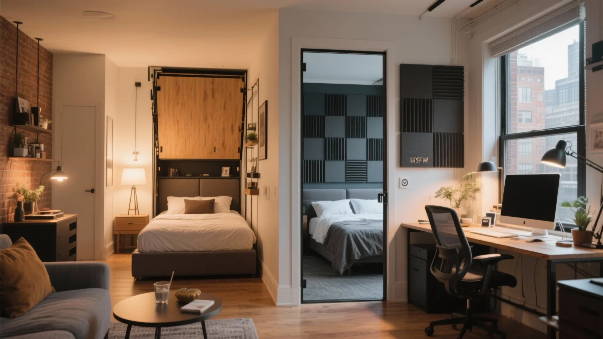 Murphy bed used as a stylish divider in a studio apartment