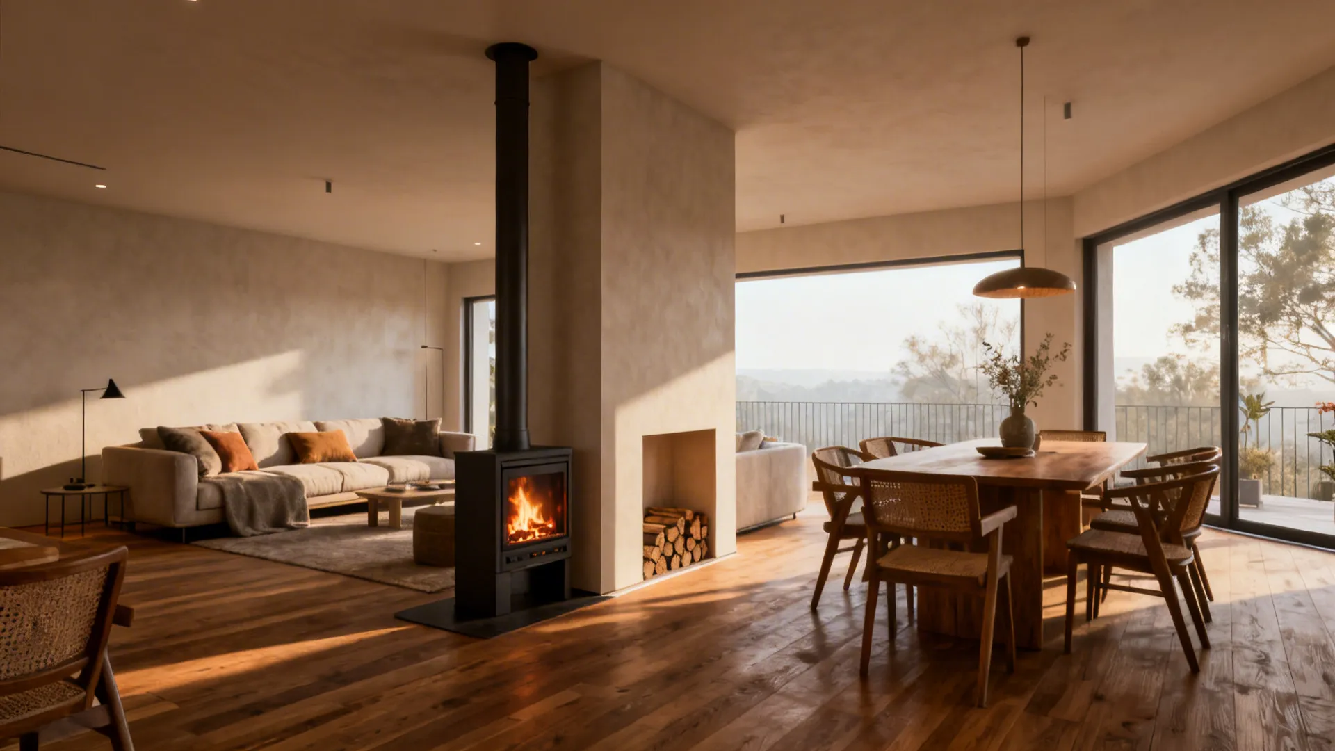 Open-plan loft with a slim chimney breast dividing living and dining, wood burner visible from both sides.