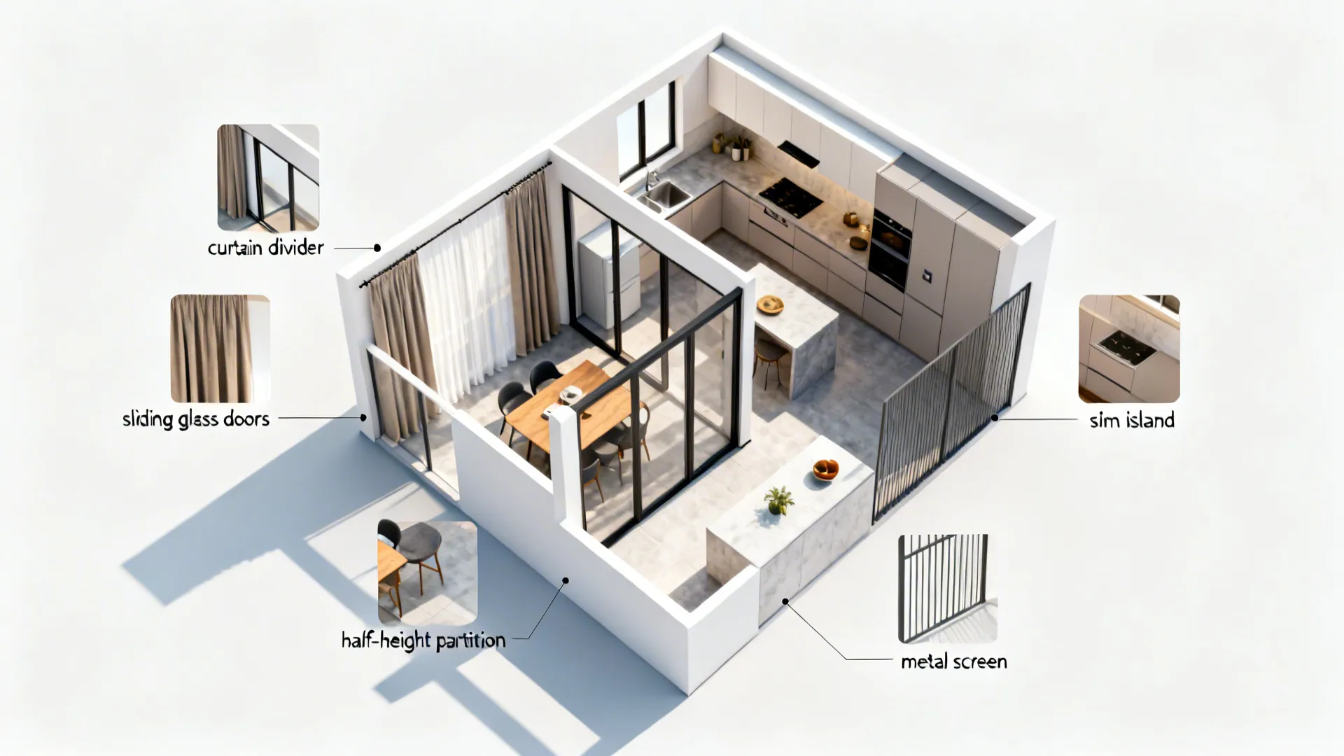 Top-down visual chart of quick divider options for small apartments including curtains, glass doors, half-wall, island, and screen.