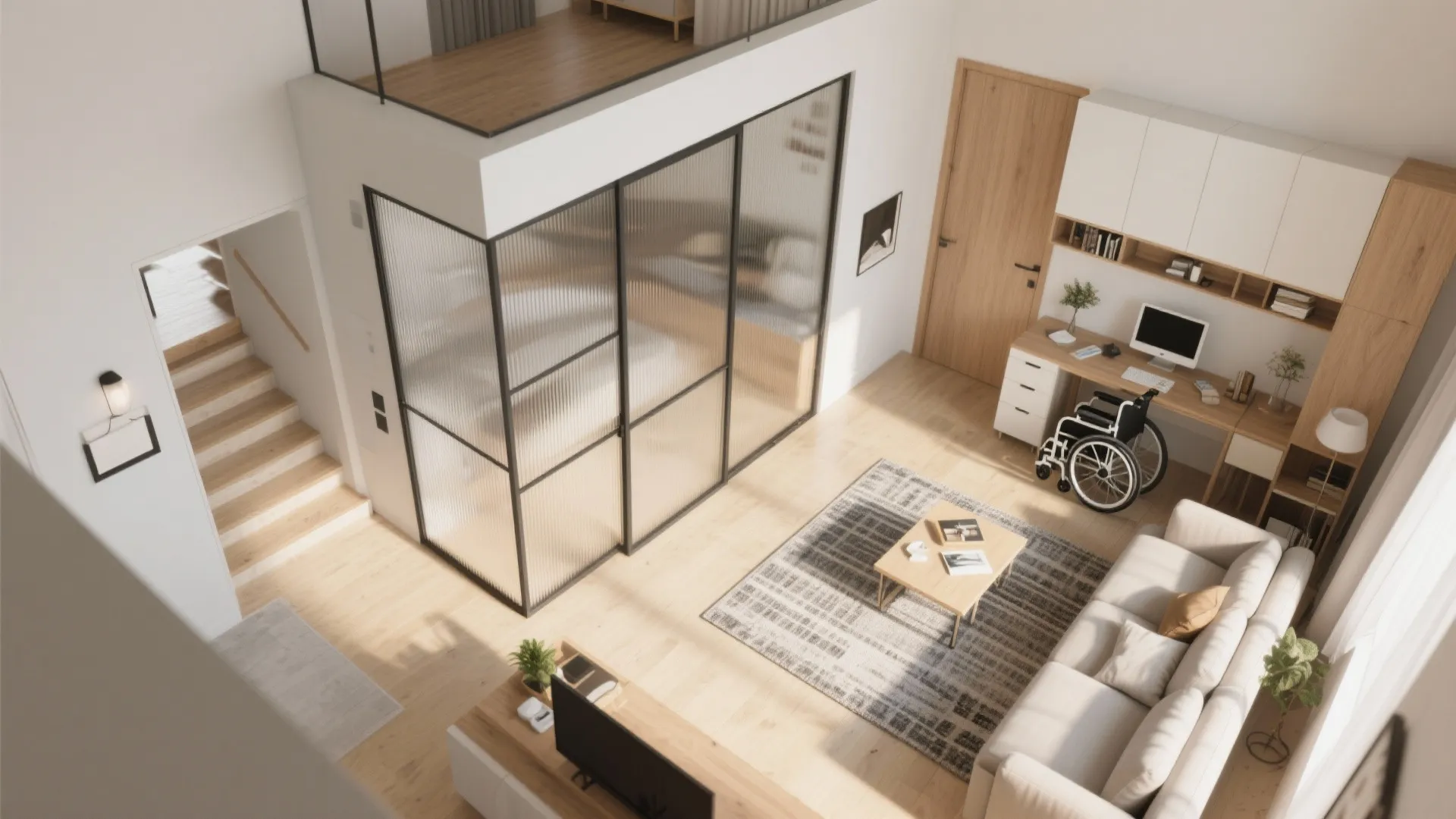 Minimalist open plan room with wood floor, glass bedroom partition, wheelchair by desk, and sofa