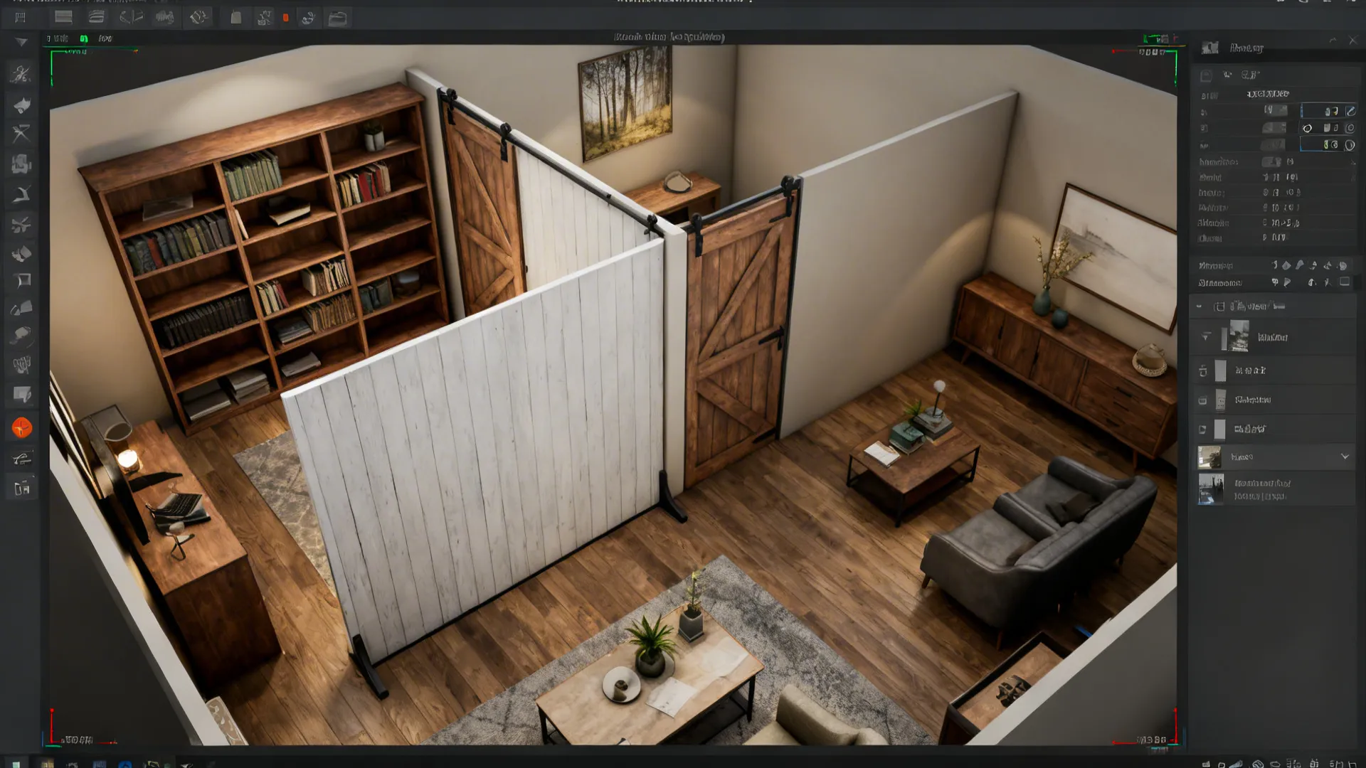 Top-down 3D planning view showing multiple living–dining divider options and measurements.