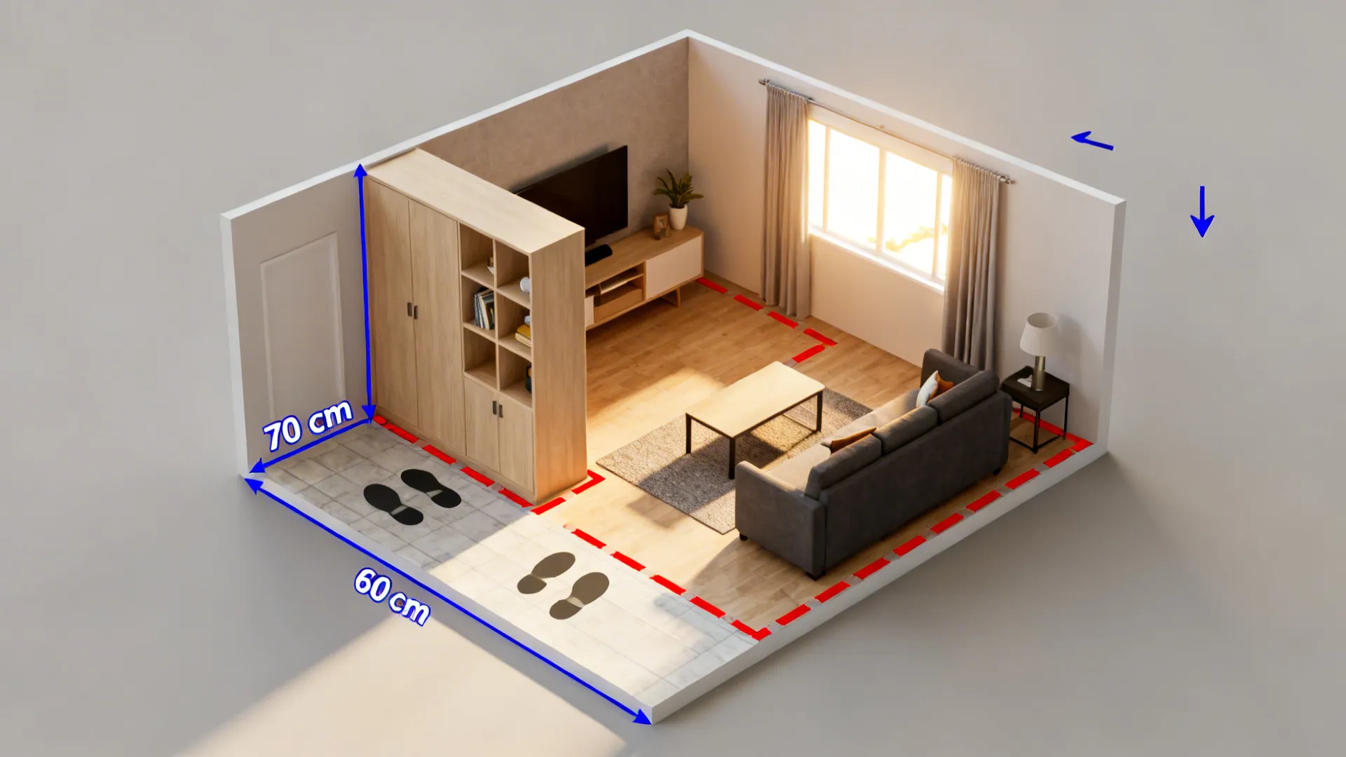Interior design drawing showing room dimensions and walking path space with a wooden cabinet divider