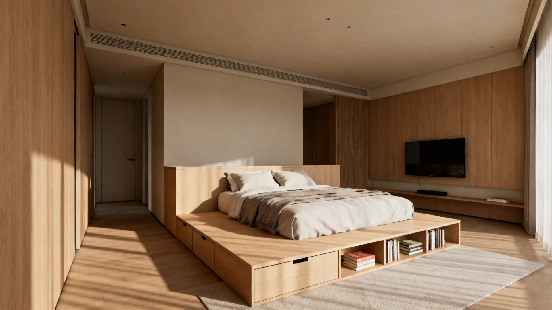 Studio room with a low platform bed used as a divider, drawers underneath and shelving at the foot separating sleeping and living areas.