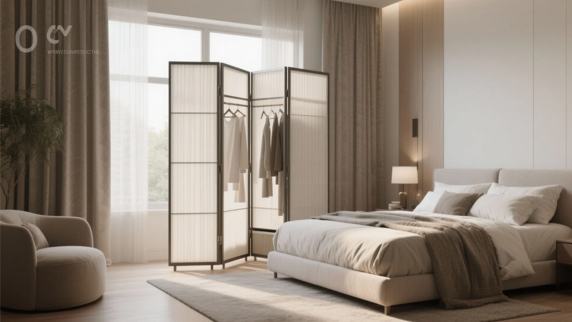Bedroom with a foldable divider screen creating a private space