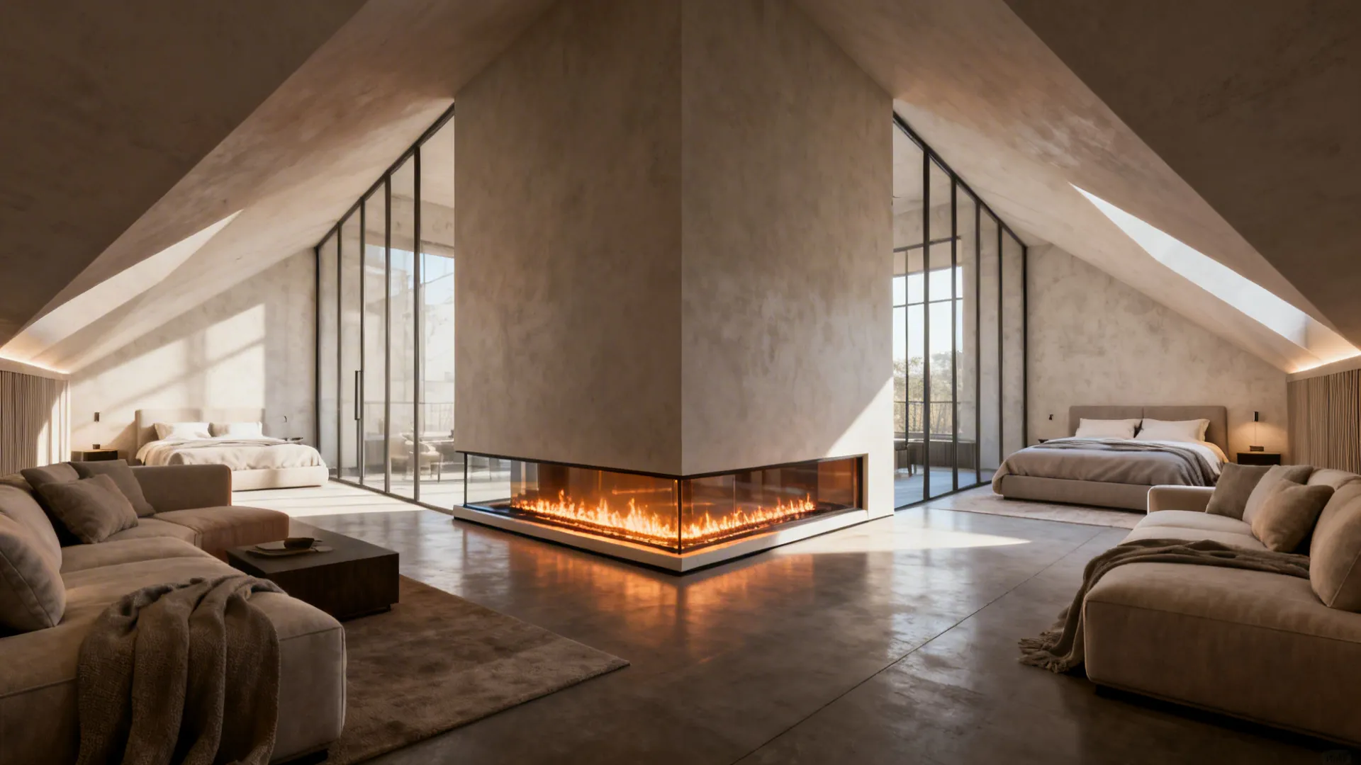 Low-height see-through corner fireplace used as a room divider in a studio apartment