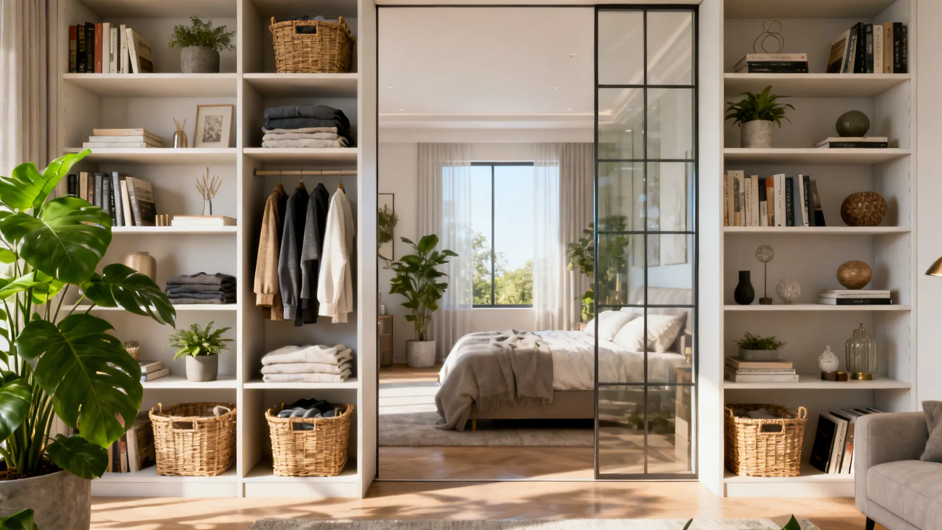 Two-sided open shelving divider separating living area and sleeping zone with storage baskets and decor.