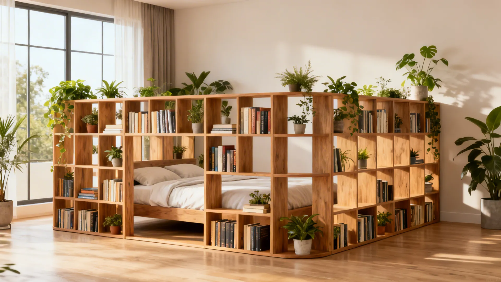 3. Decorative room divider with integrated storage