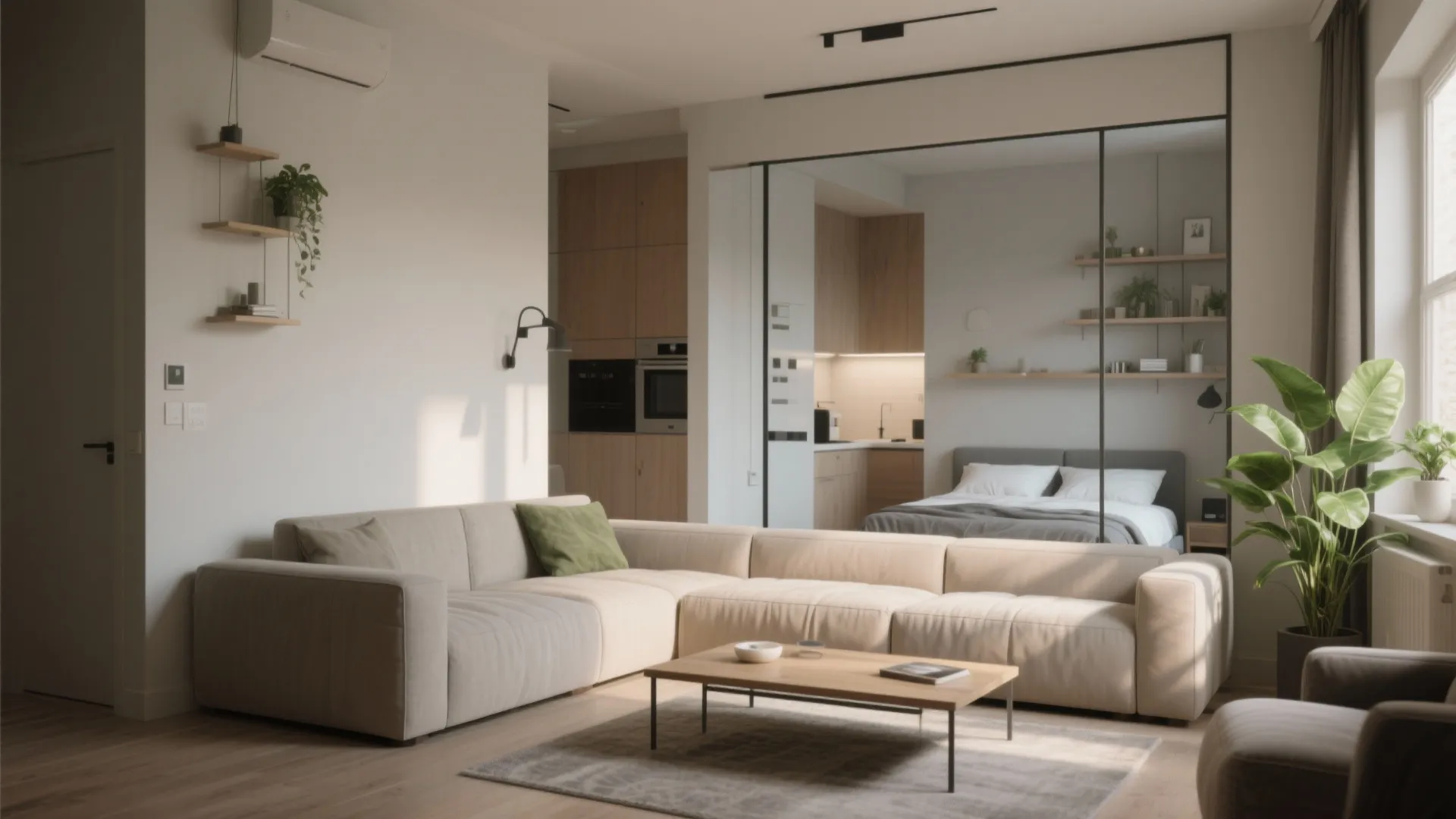 Modern studio apartment layout with a cream sofa coffee table and glass wall bedroom divider