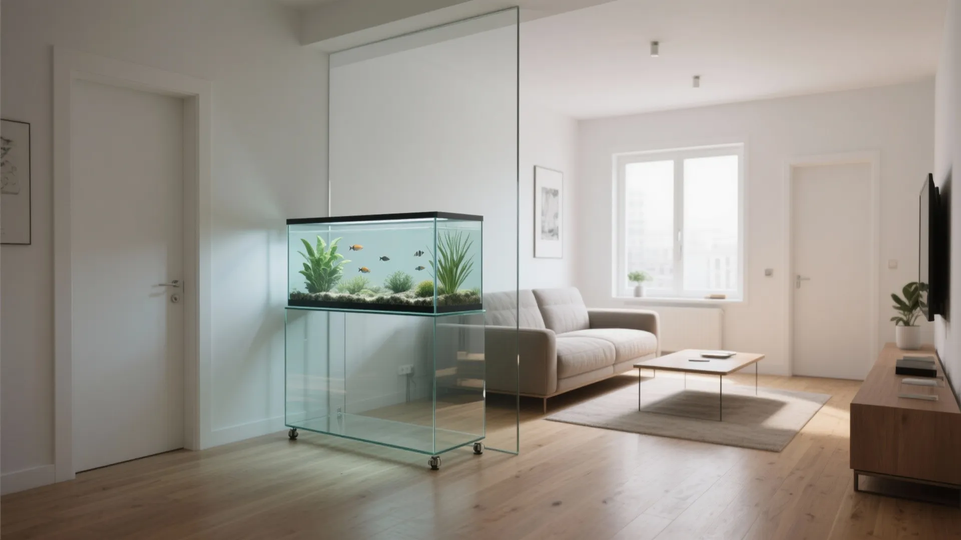 Glass fish tank used as room divider between a white hallway and modern living room