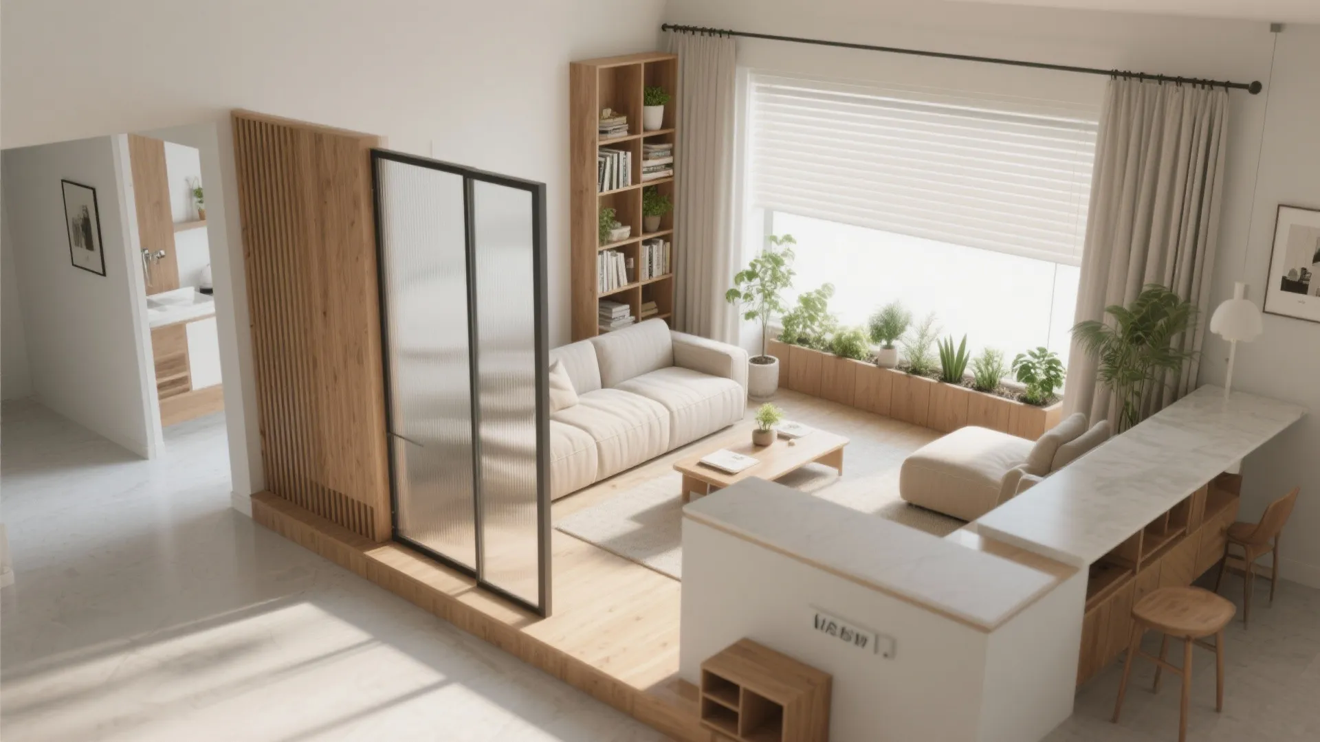 Top-down layout shows how different dividers zone a small living room while keeping light.