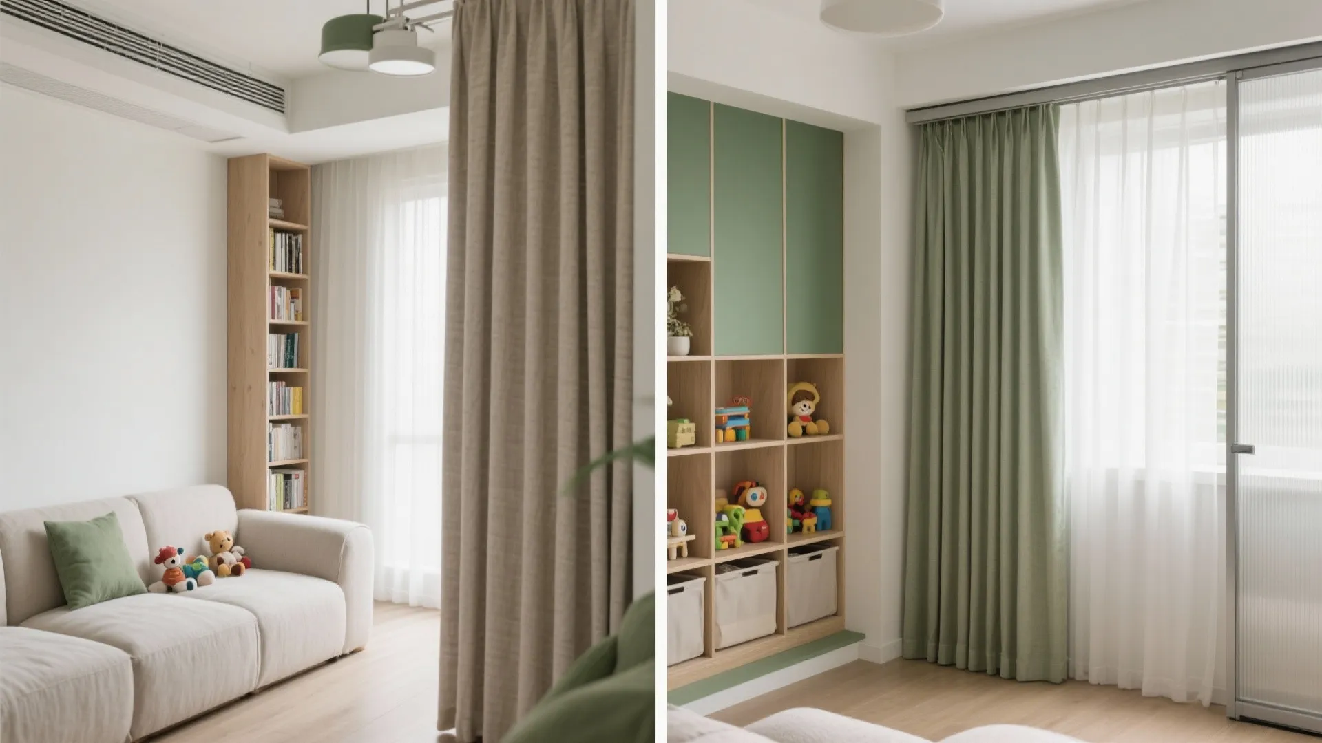 Split-screen shows room open with curtains stacked and closed with a sliding screen hiding toys.