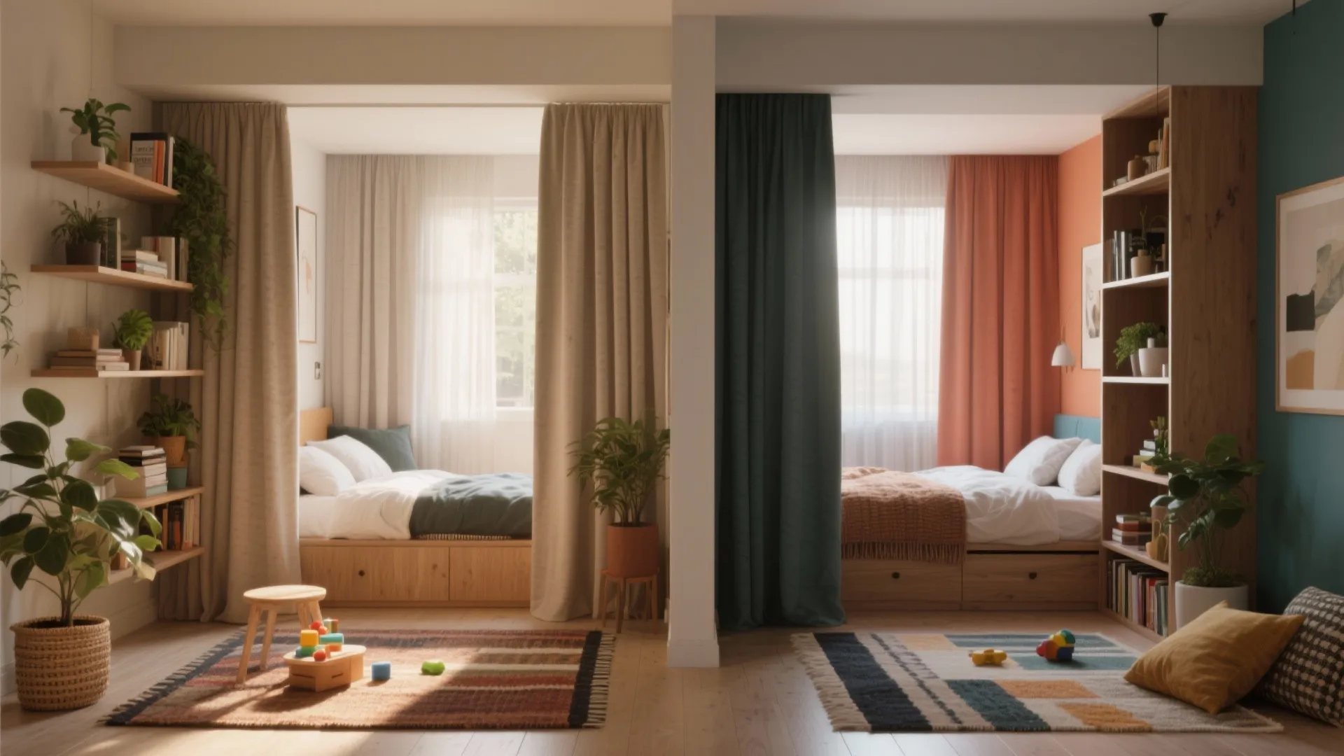 2. Divide without walls: curtains, shelves, and rugs