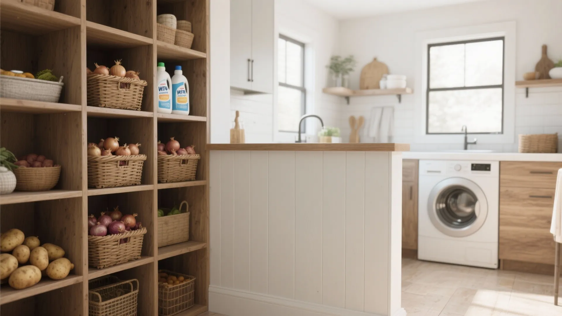 Low dividing wall with open cube shelves for baskets