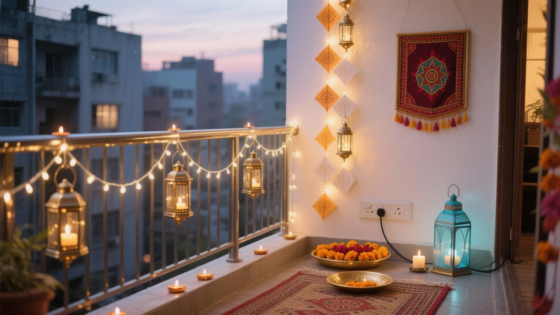 Balcony decorated with string lights hanging lanterns small floor candles orange flowers and patterned floor rug