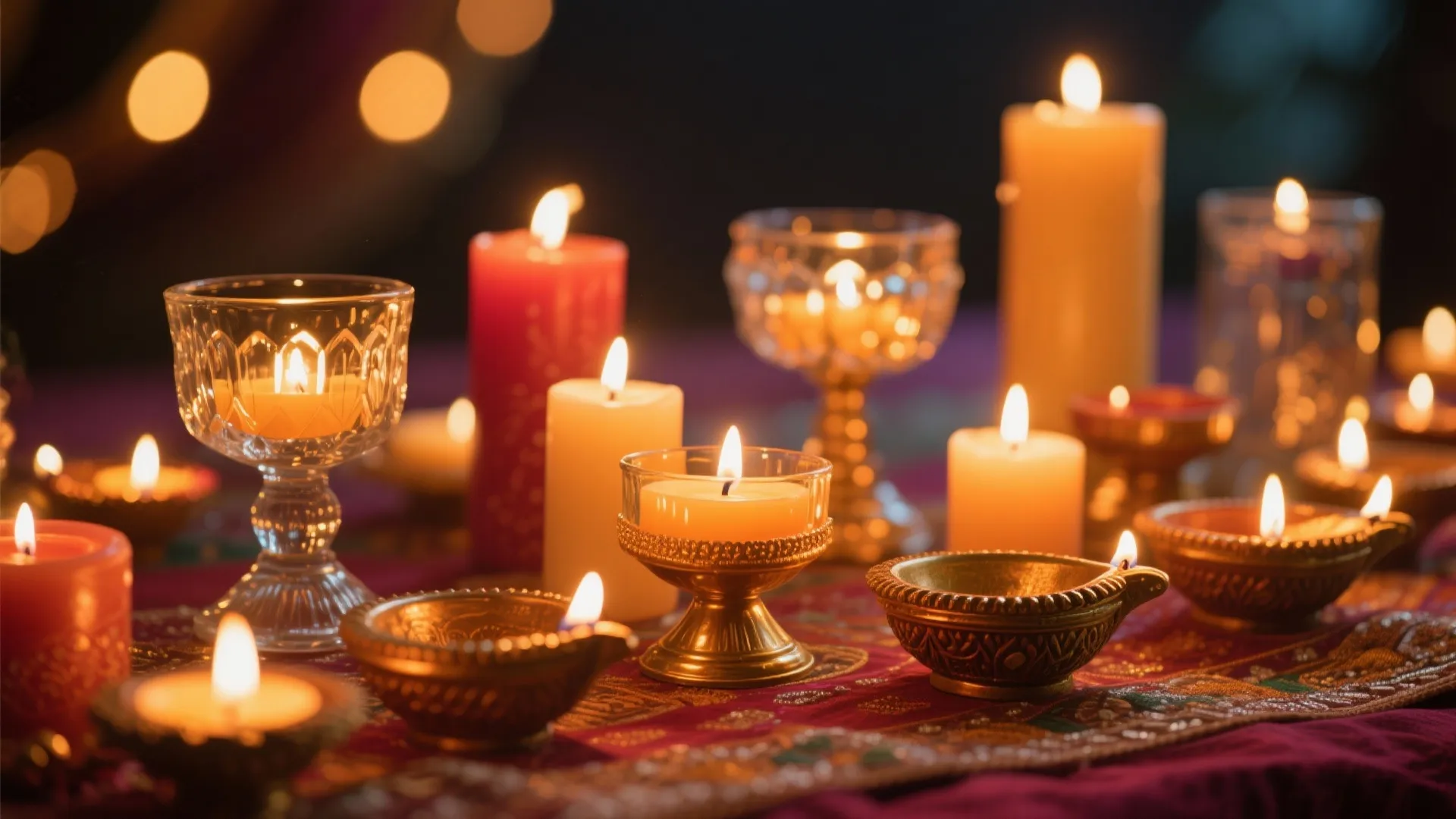 A beautiful collection of lit candles and small oil lamps on a colorful patterned tablecloth