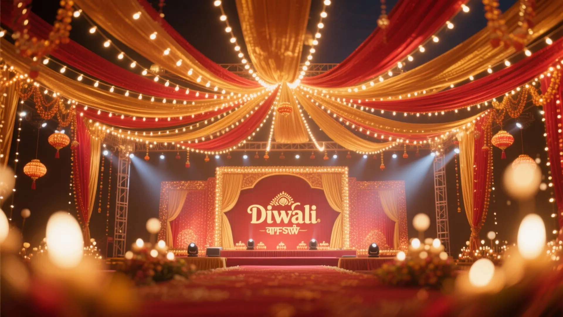 Festive stage decorated with red gold curtains plus string lights and a glowing Diwali sign