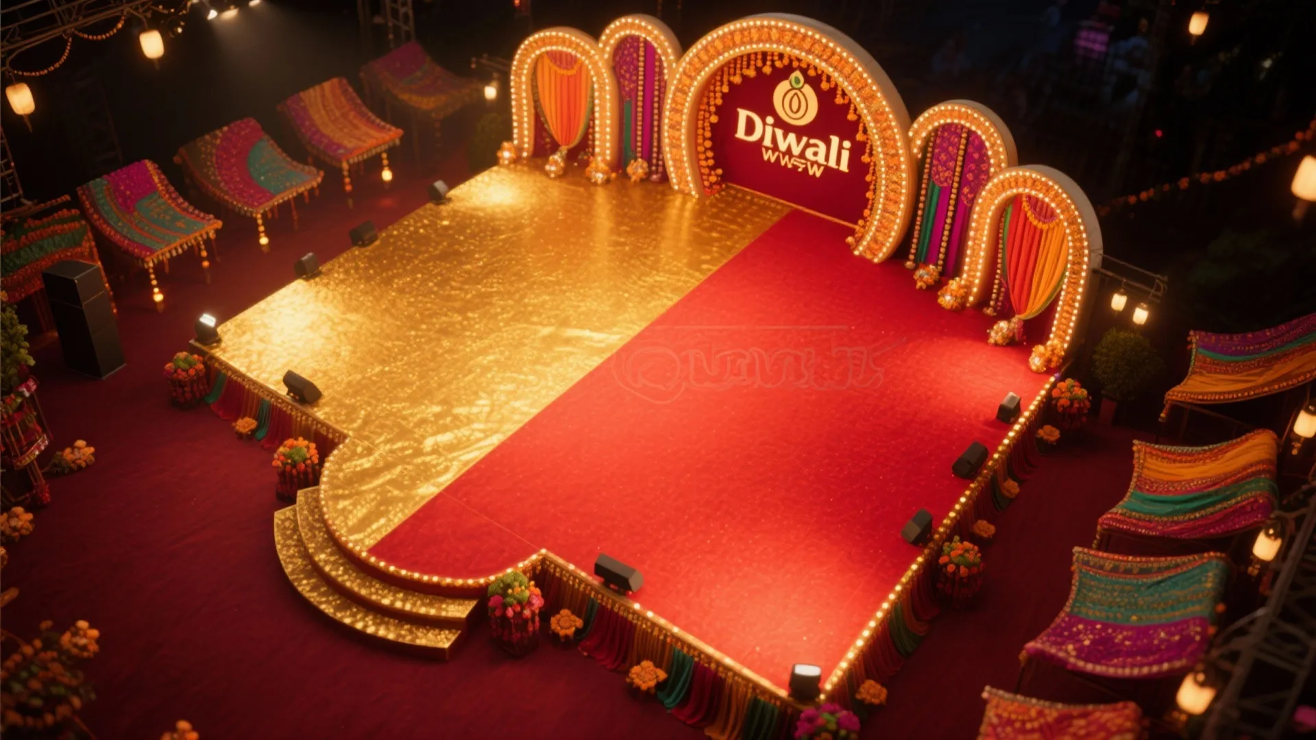 Diwali stage with red and gold floor, light arches, colorful curtains, and festive wall light decorations