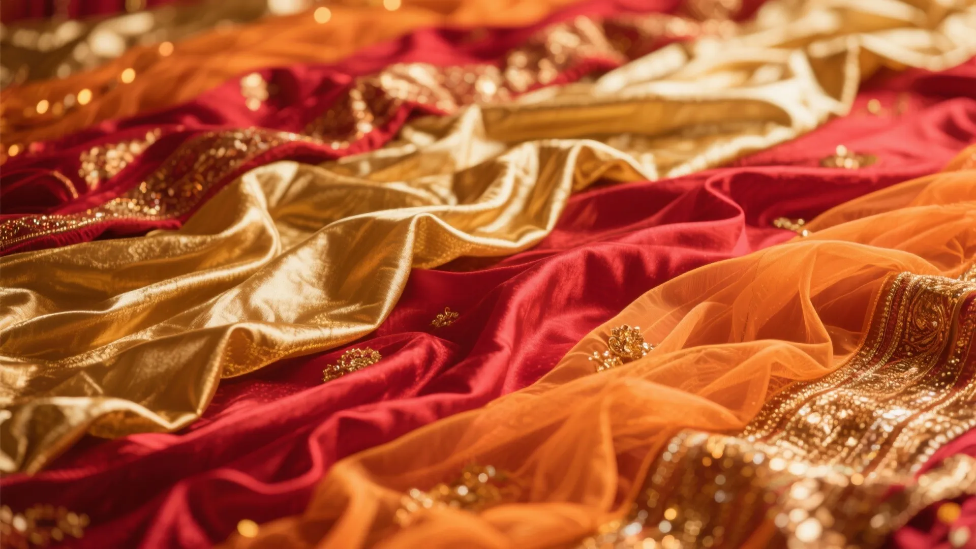 Close up of folded shiny red orange and gold fabric used for traditional festive decoration