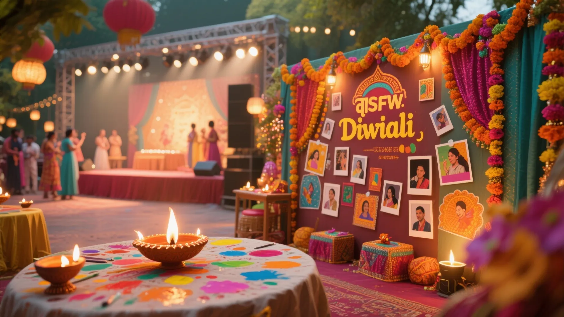 Diwali event corner with photo wall flower garlands oil lamps and a colorful patterned table