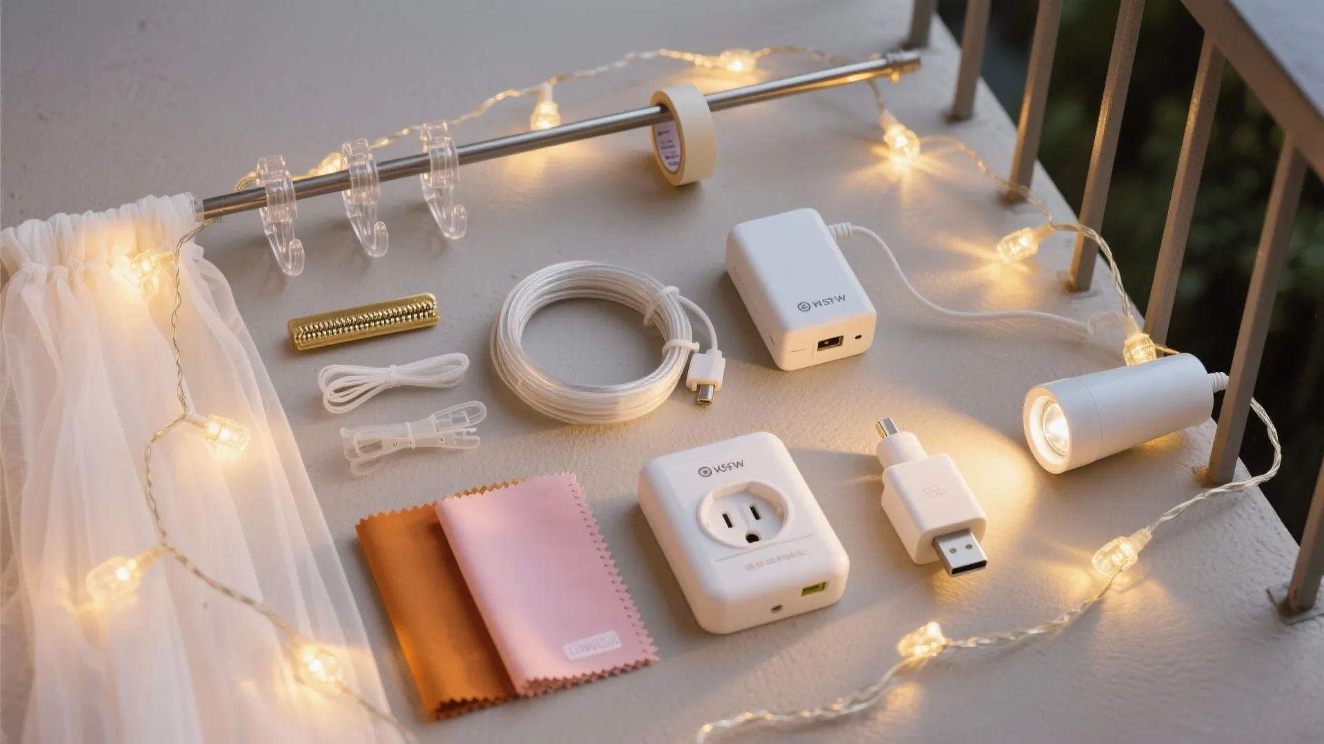 White smart home lighting accessories including plugs, spotlight, cables, and decorative string lights on stone