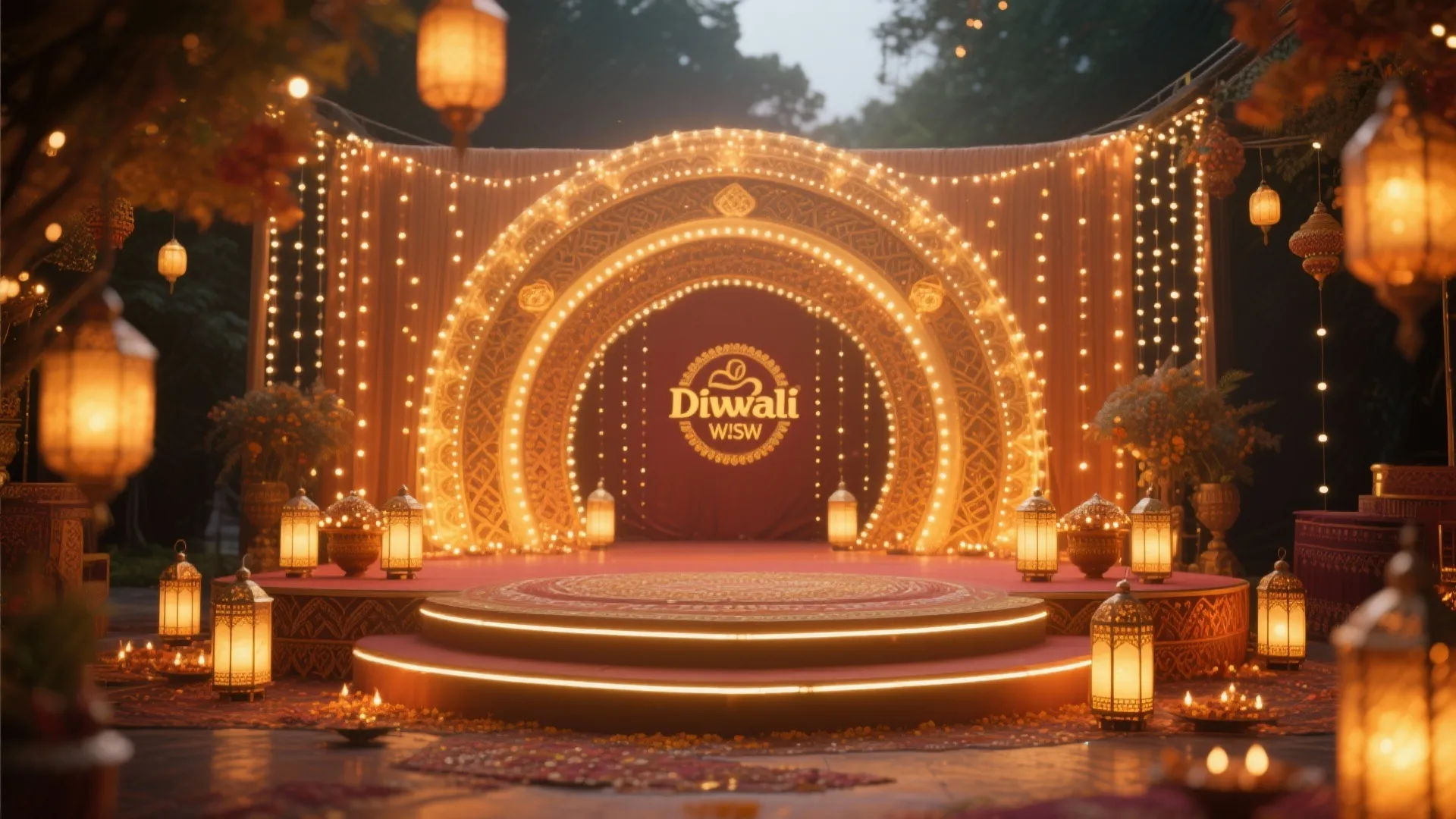 Golden Diwali stage with lit arch, festive lanterns, warm light fixtures, and large red backdrop