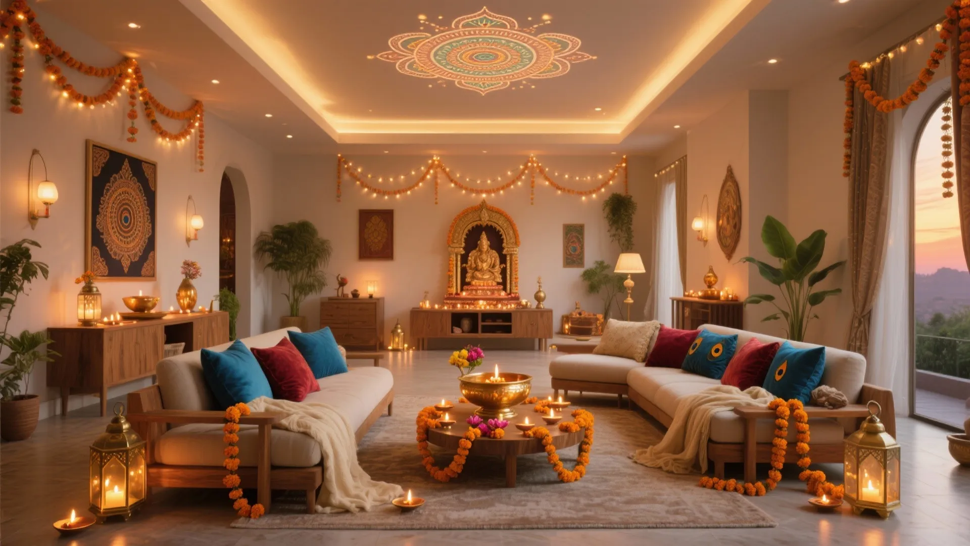 Decorated living room for Diwali with colorful sofas floral garlands warm lights and ceiling art