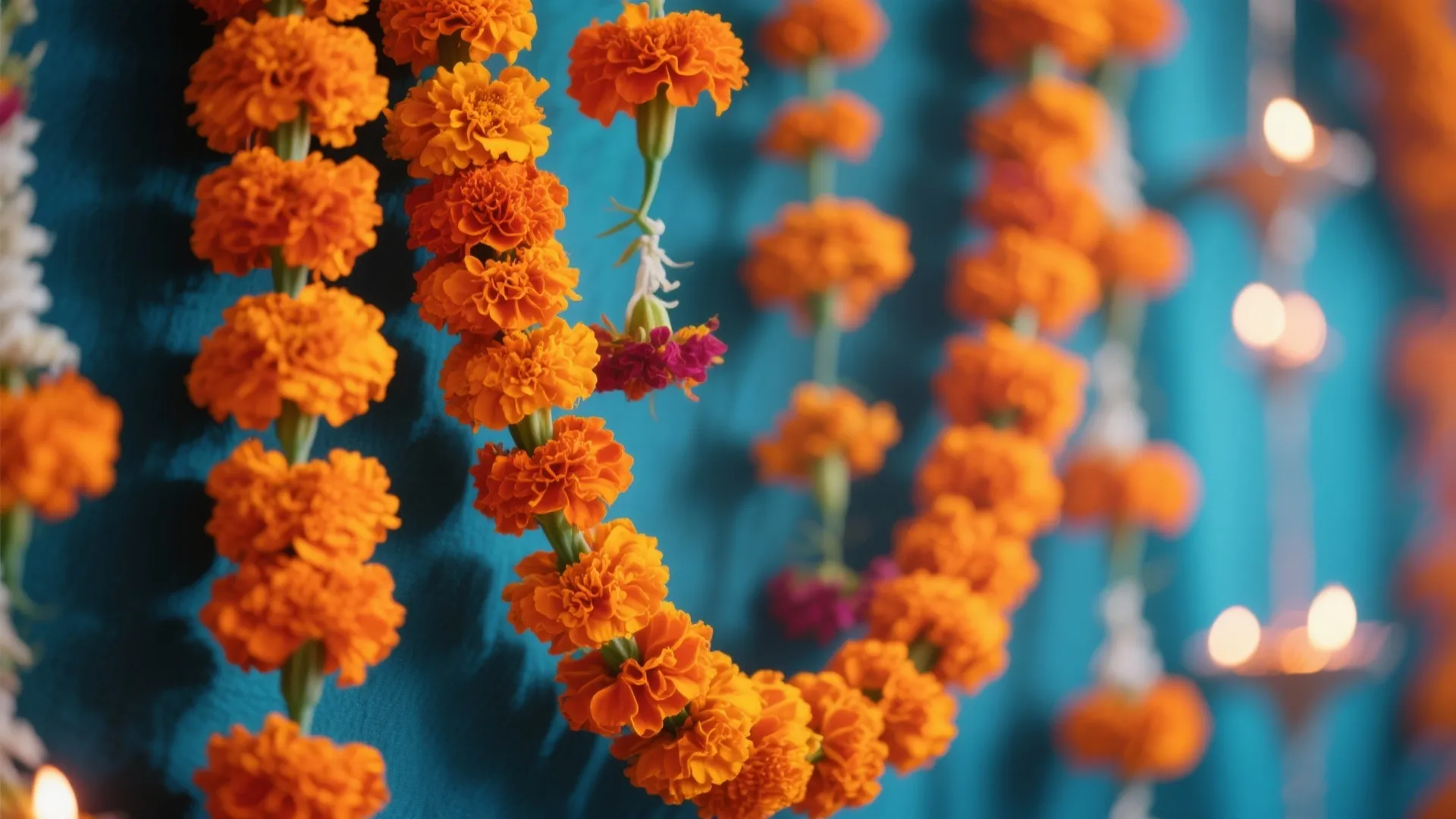 Bright orange flower garlands hanging vertically against a dark blue wall for a festive decoration