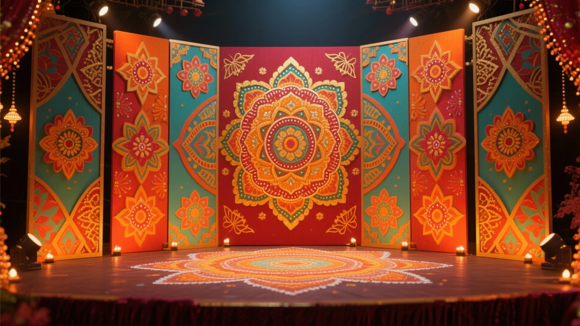 Colorful stage with flower wall panels, floor patterns, bright light fixtures, and vibrant red background