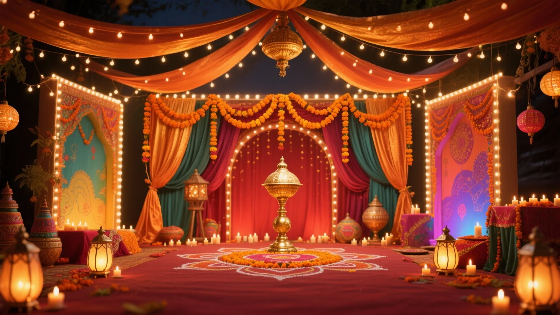 Festive stage decoration with orange curtains flower garlands many small oil lamps and gold centerpiece