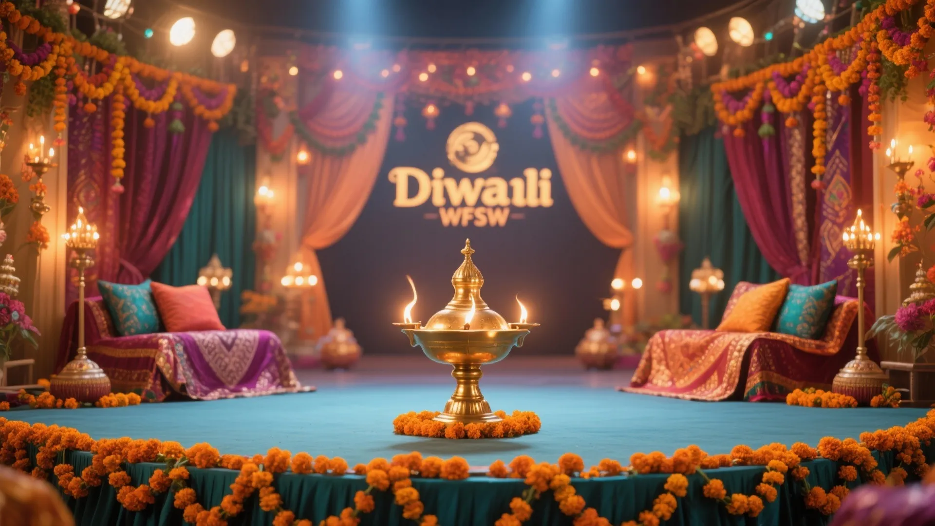 Large gold oil lamp on floor with orange flowers purple sofas and festive blue curtains